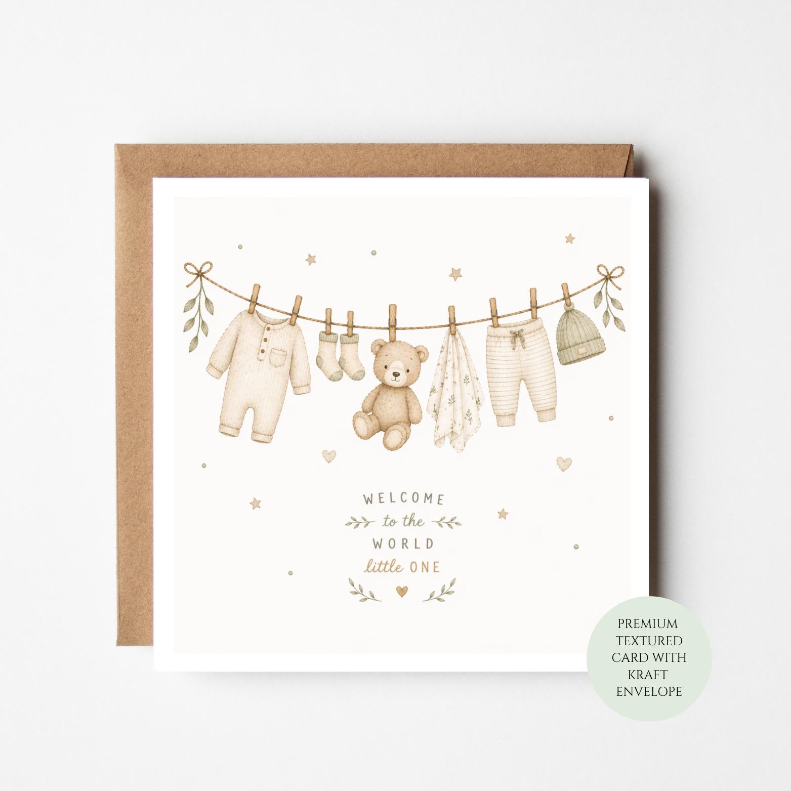 New Baby Card, Clothes Line Illustration, Neutral Newborn Greeting, Baby Shower Gift