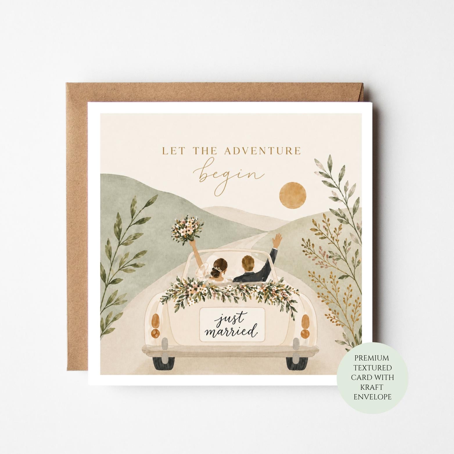 Let The Adventure Begin Just Married Wedding Card, Bride and Groom Newlywed Congratulations Card