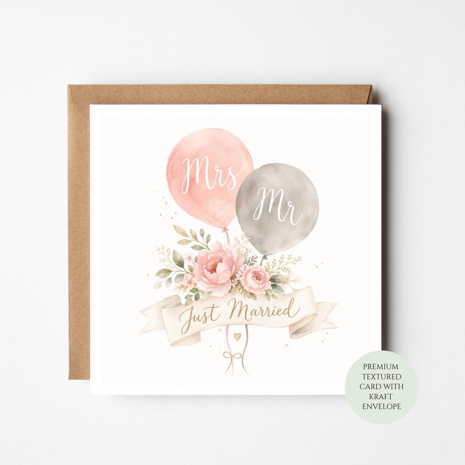 Mrs and Mr Just Married Wedding Card, Newlywed Congratulations, Bride Groom Congrats