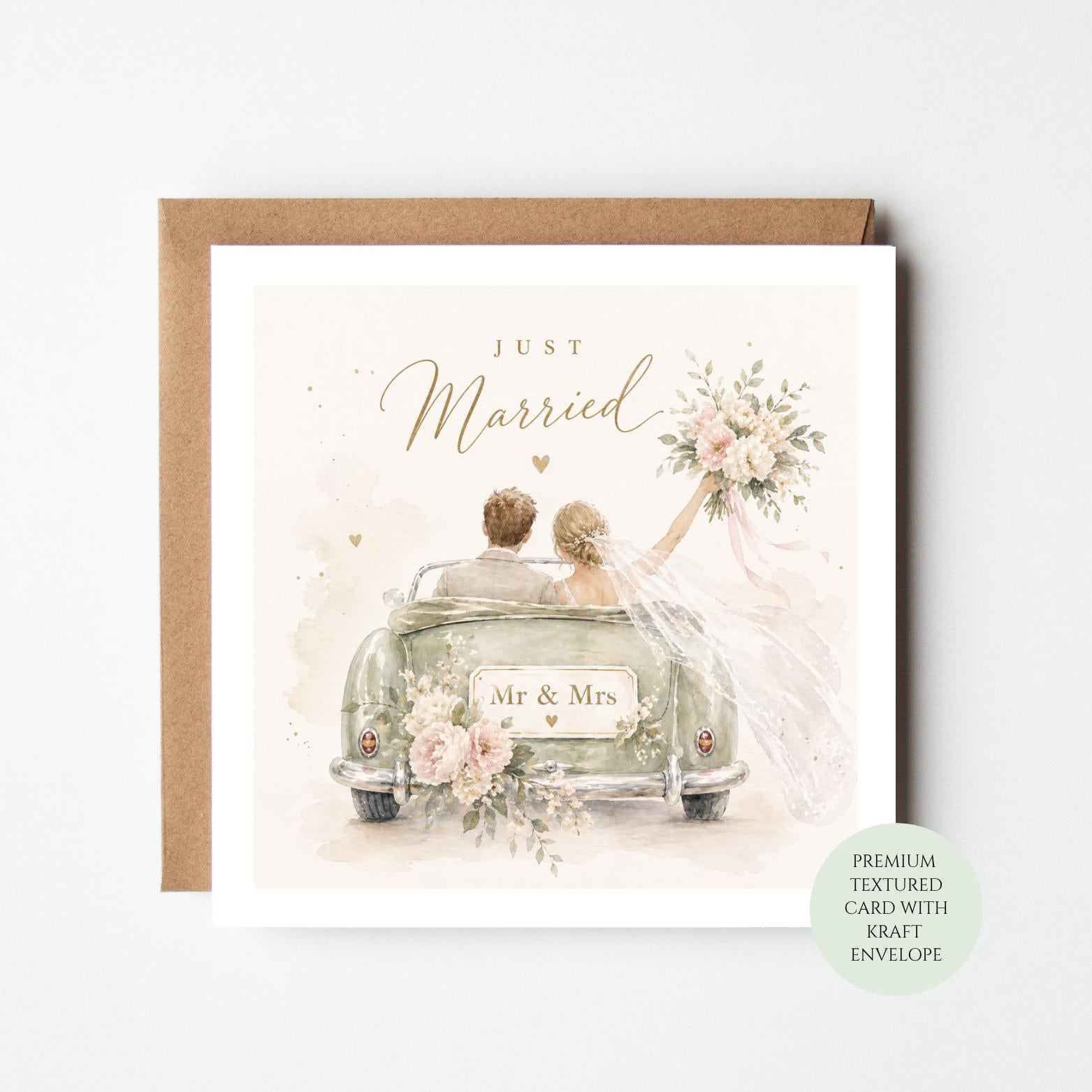 Just Married Bride Groom Wedding Card, Mr Mrs Newlywed Congratulations Bouquet Car
