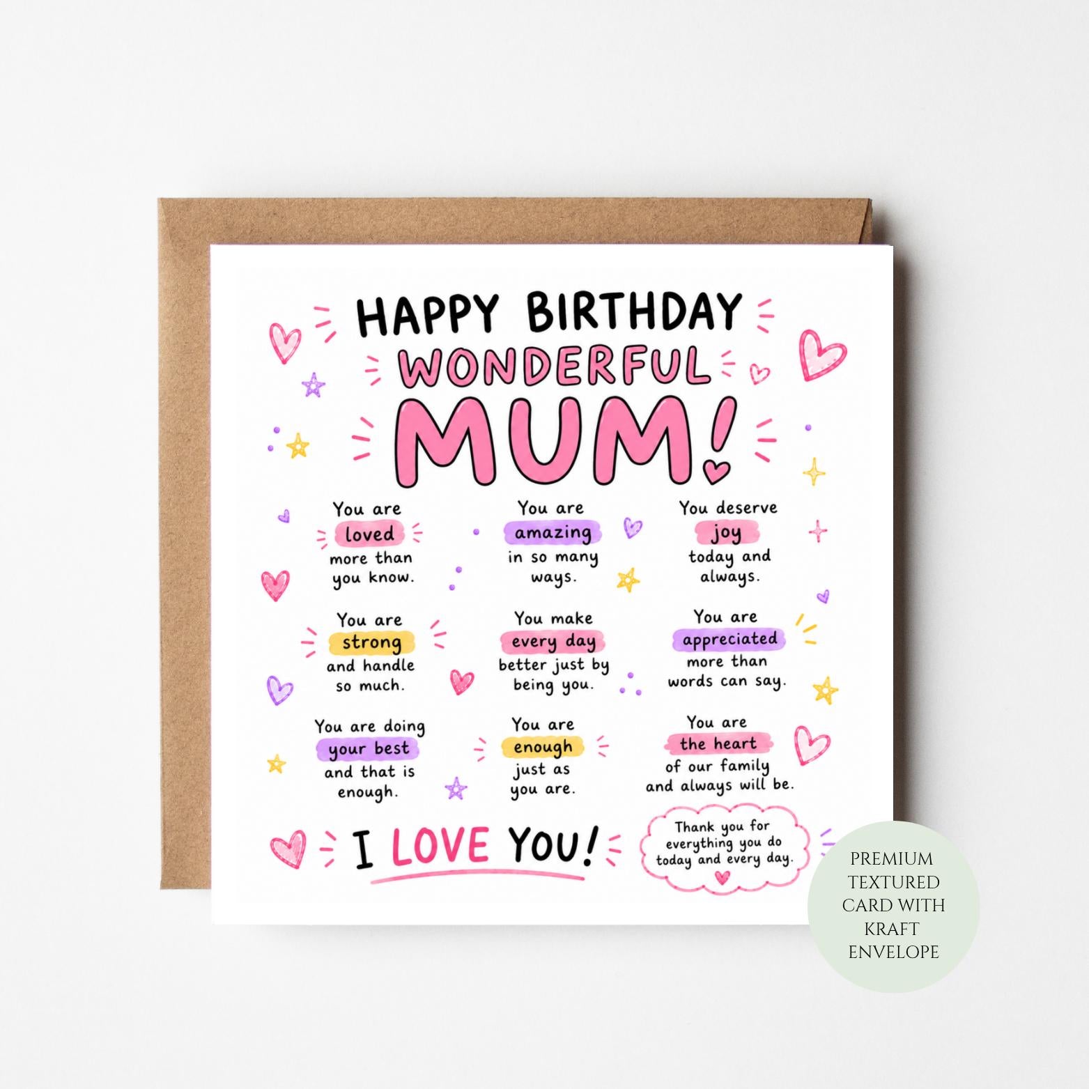 Mum Birthday Card, Positive Affirmations, From Daughter Son (Physical Print)