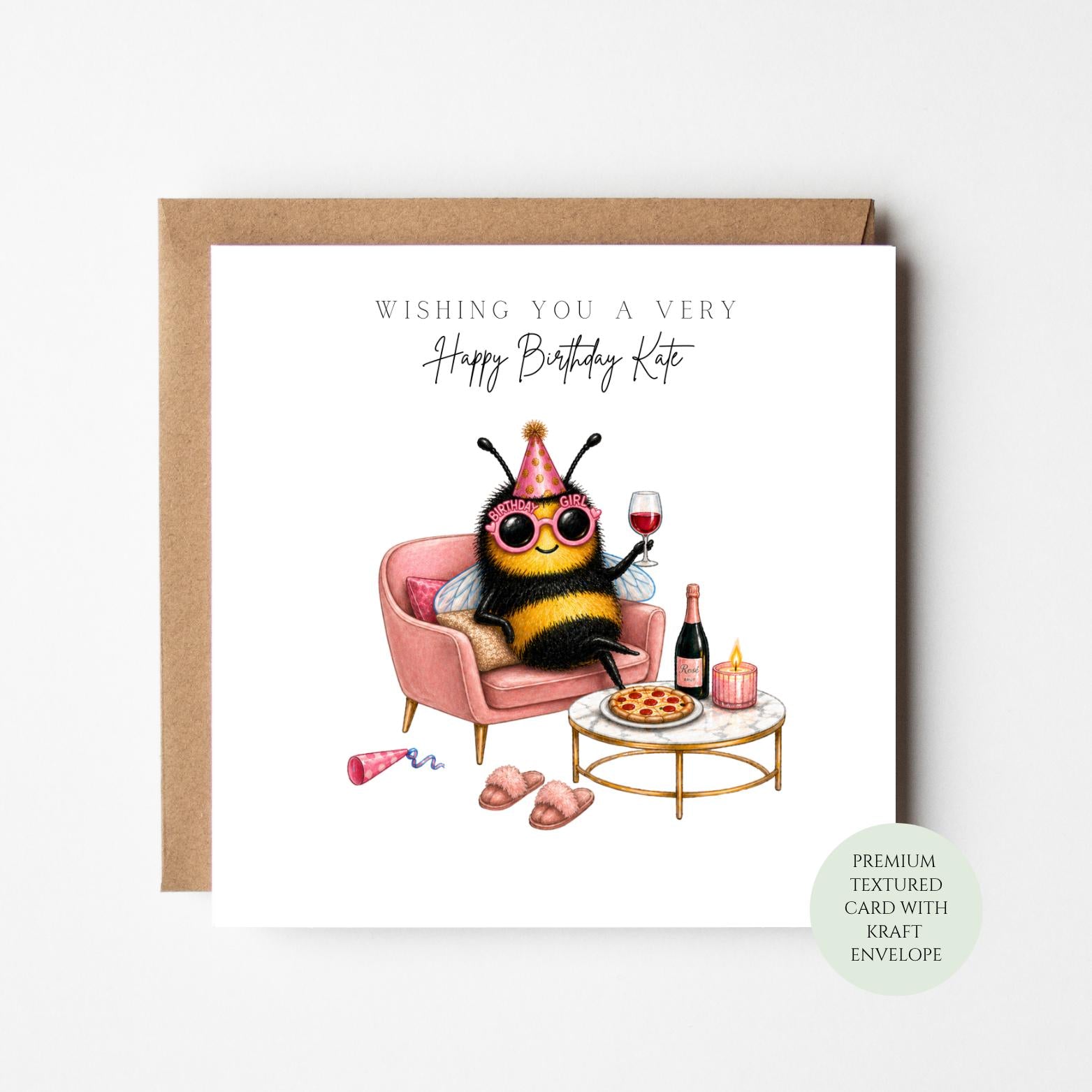 Personalised Bee Birthday Card, Pizza Wine Humour, Physical Print