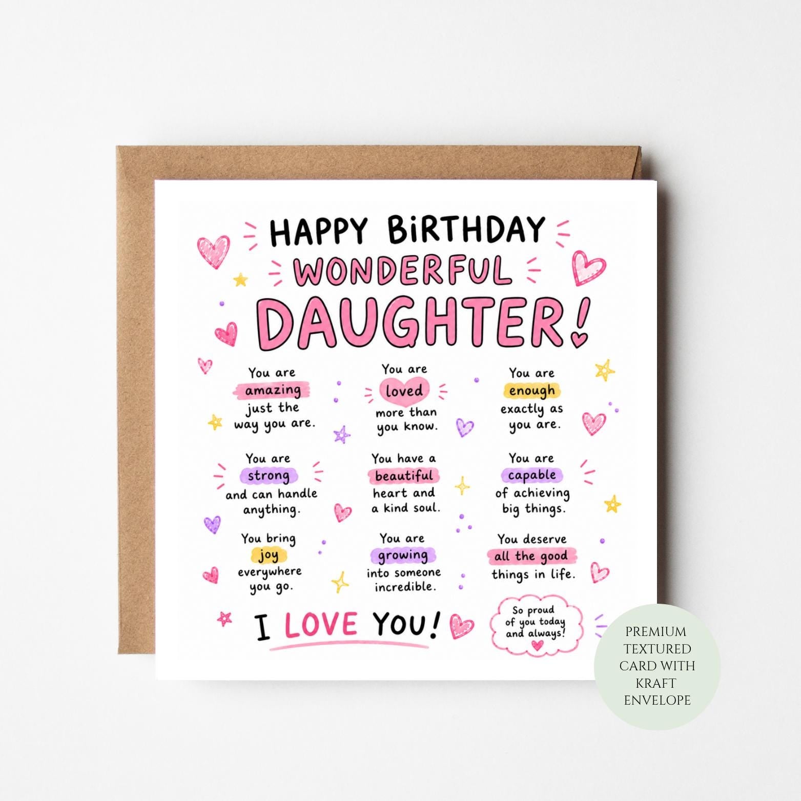Happy Birthday Daughter Card, Positive Affirmations, Textured Print