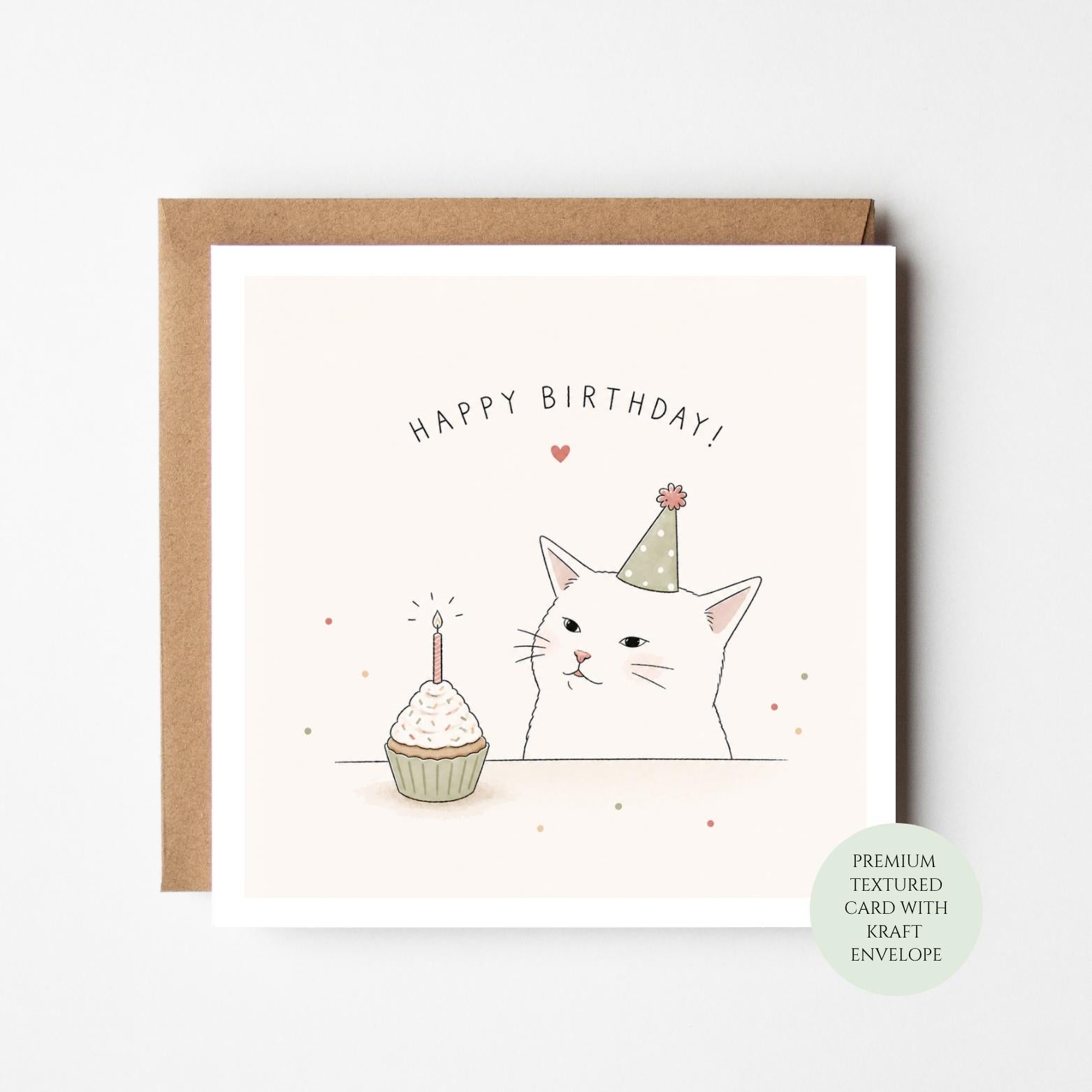 White Cat Birthday Card, Whimsical Kitten With Party Hat, Cupcake Illustration, Cat Lover Gift