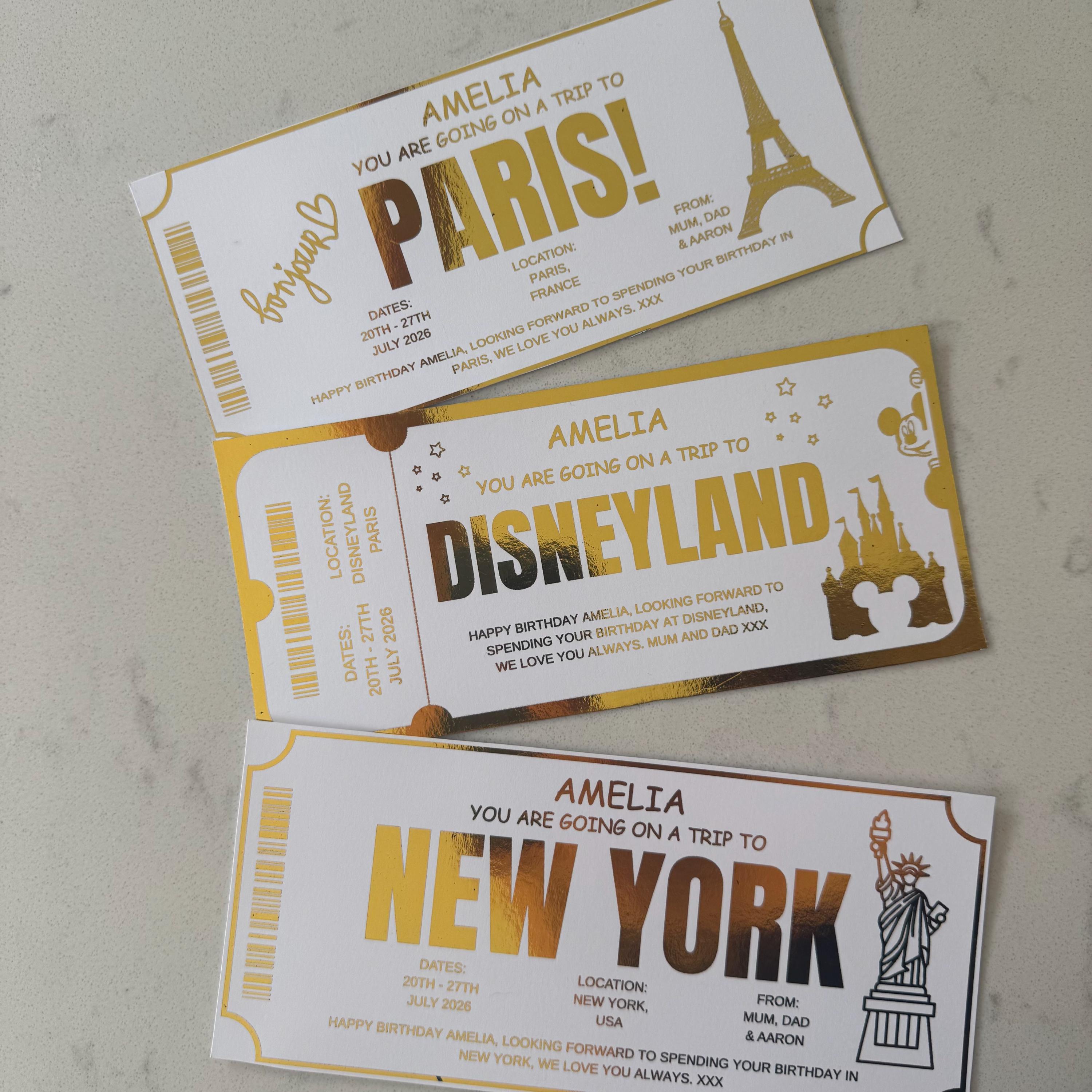 Personalised Gold Foil Trip Ticket, Surprise Holiday Reveal Voucher, Custom Travel Birthday Gift