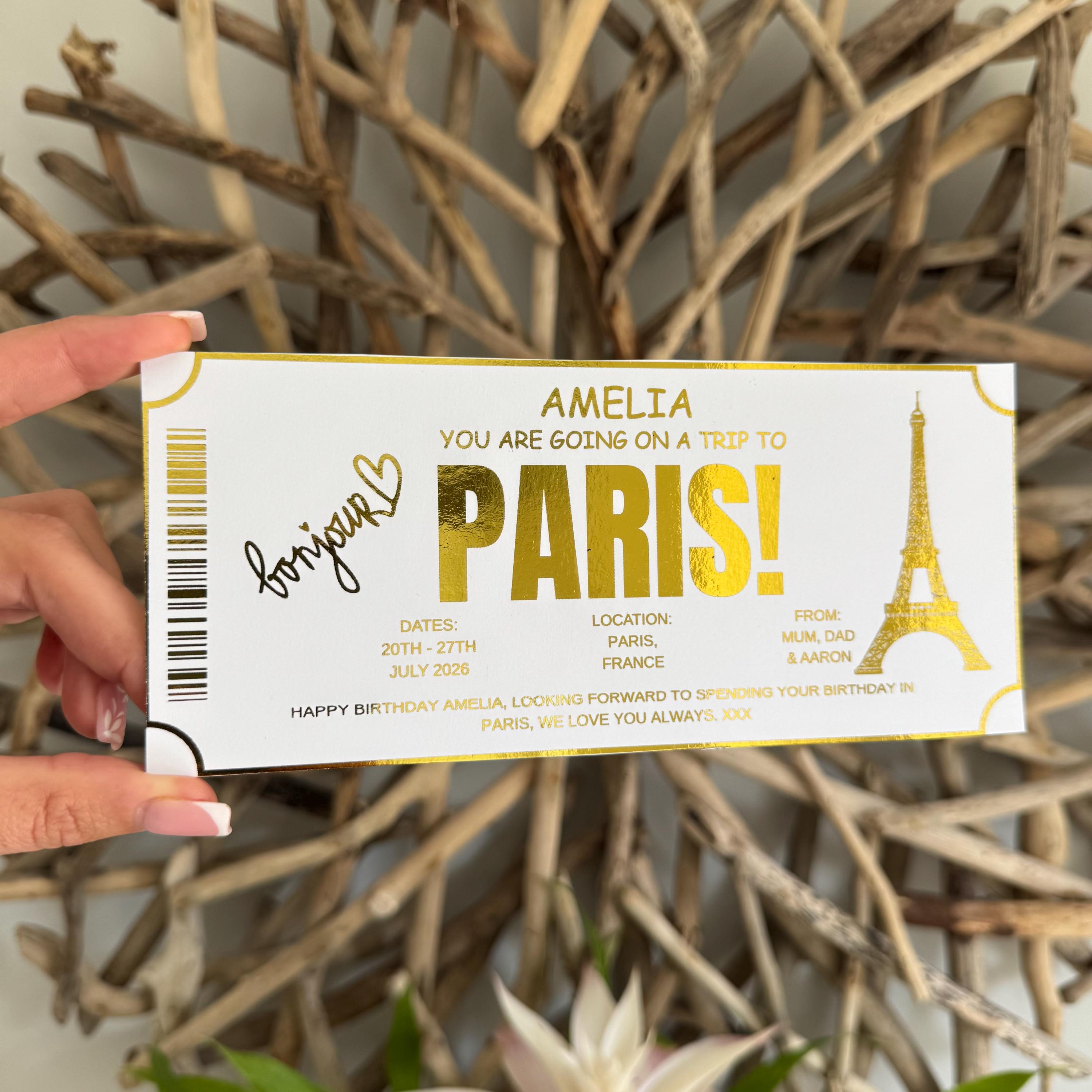 Personalised Gold Foil Trip Ticket, Surprise Holiday Reveal Voucher, Custom Travel Birthday Gift