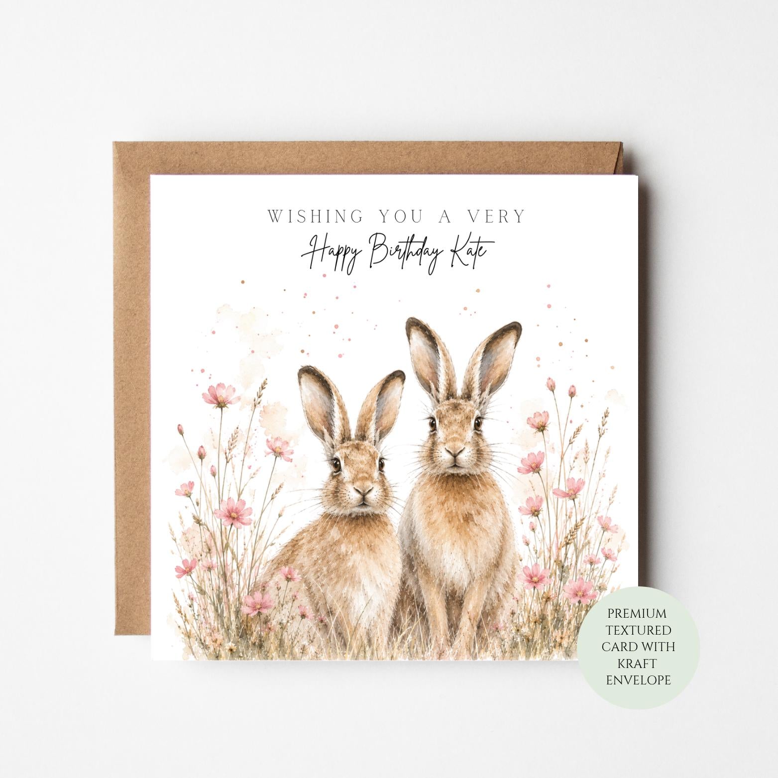 Two Bunny Rabbits Pink Flowers Birthday Card, Spring Animal Lover Greeting (Print)