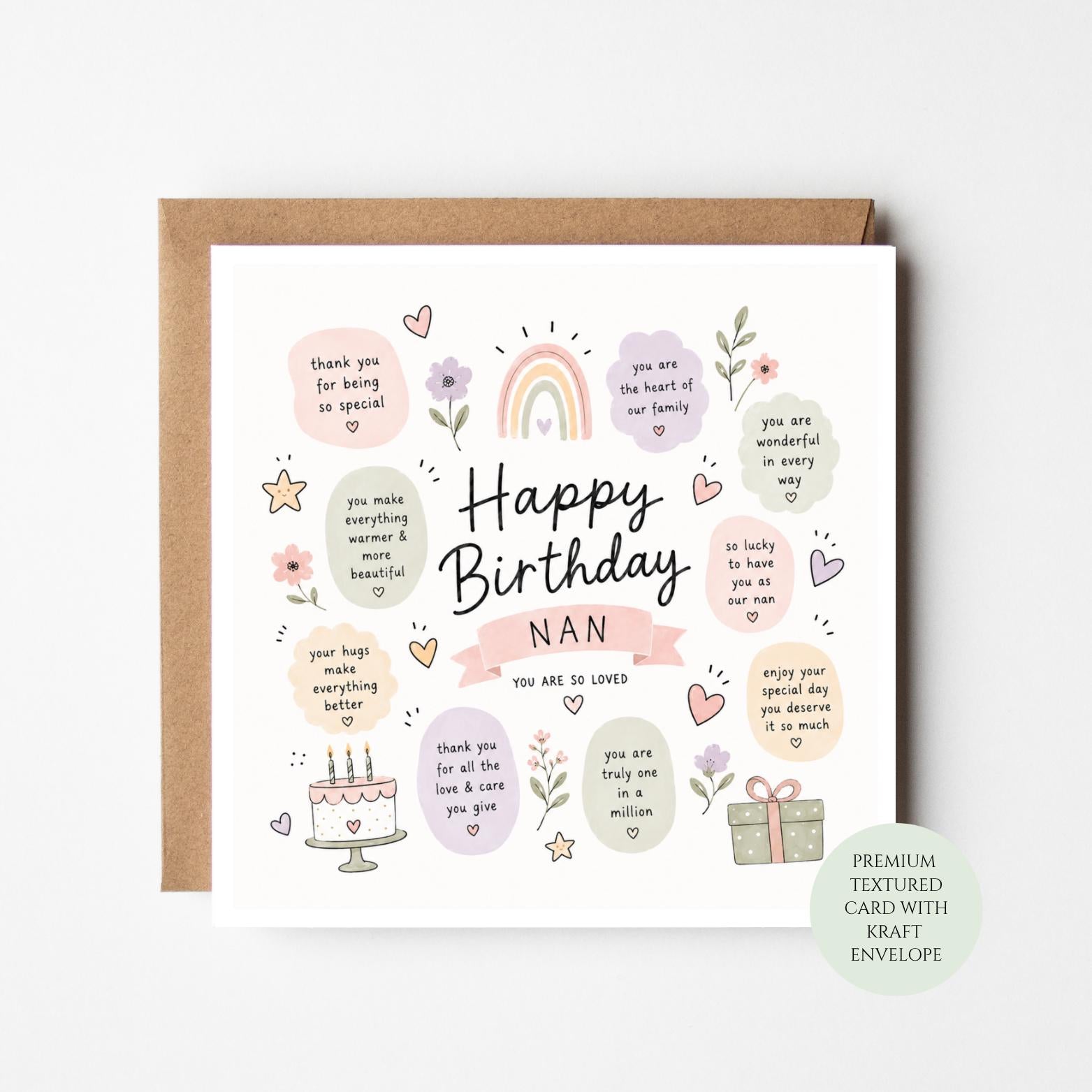 Happy Birthday Nan Card, Rainbow Affirmation, You Are So Loved, Quality Print