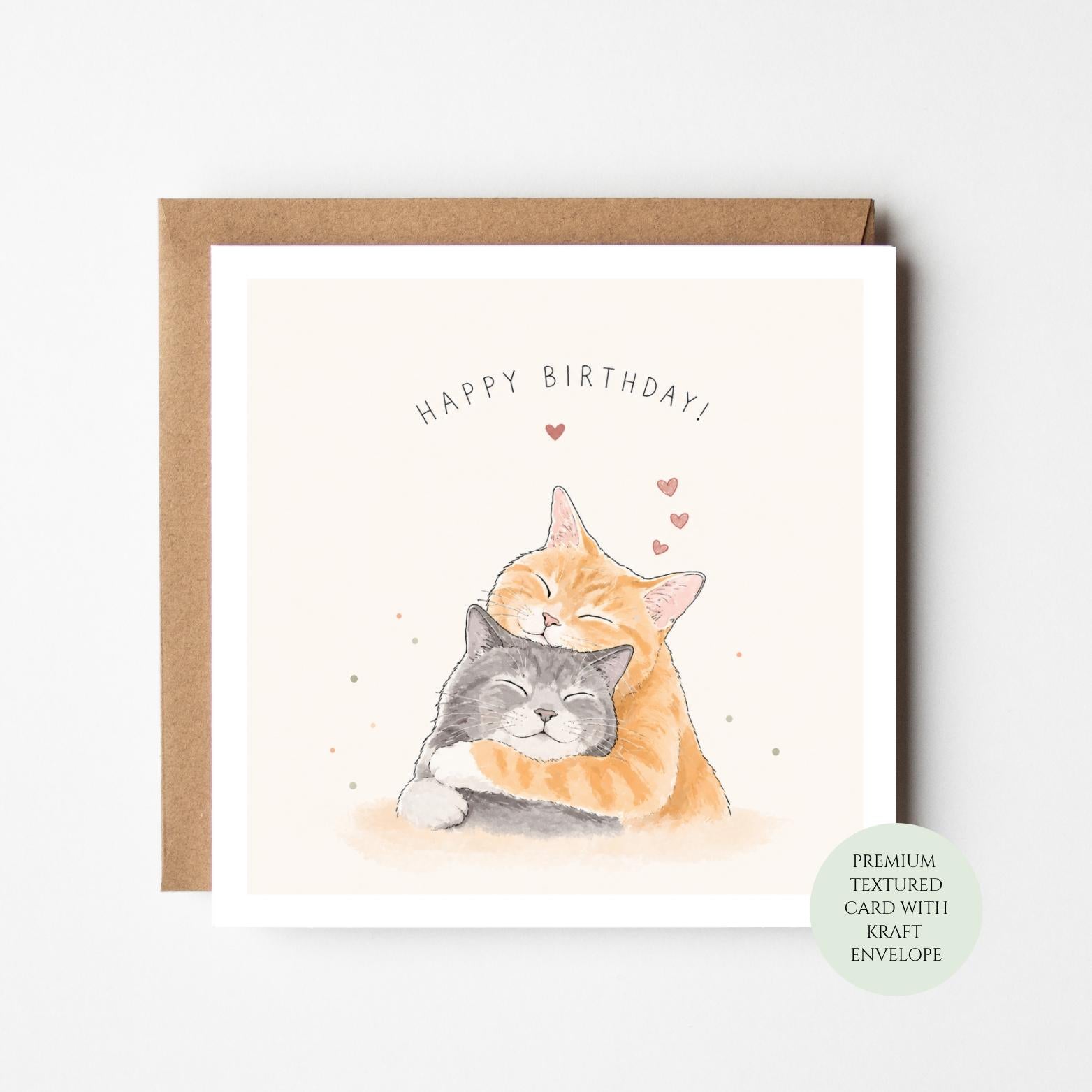 Two Cuddling Cats Birthday Card, Heartwarming Feline Art (Physical Print)
