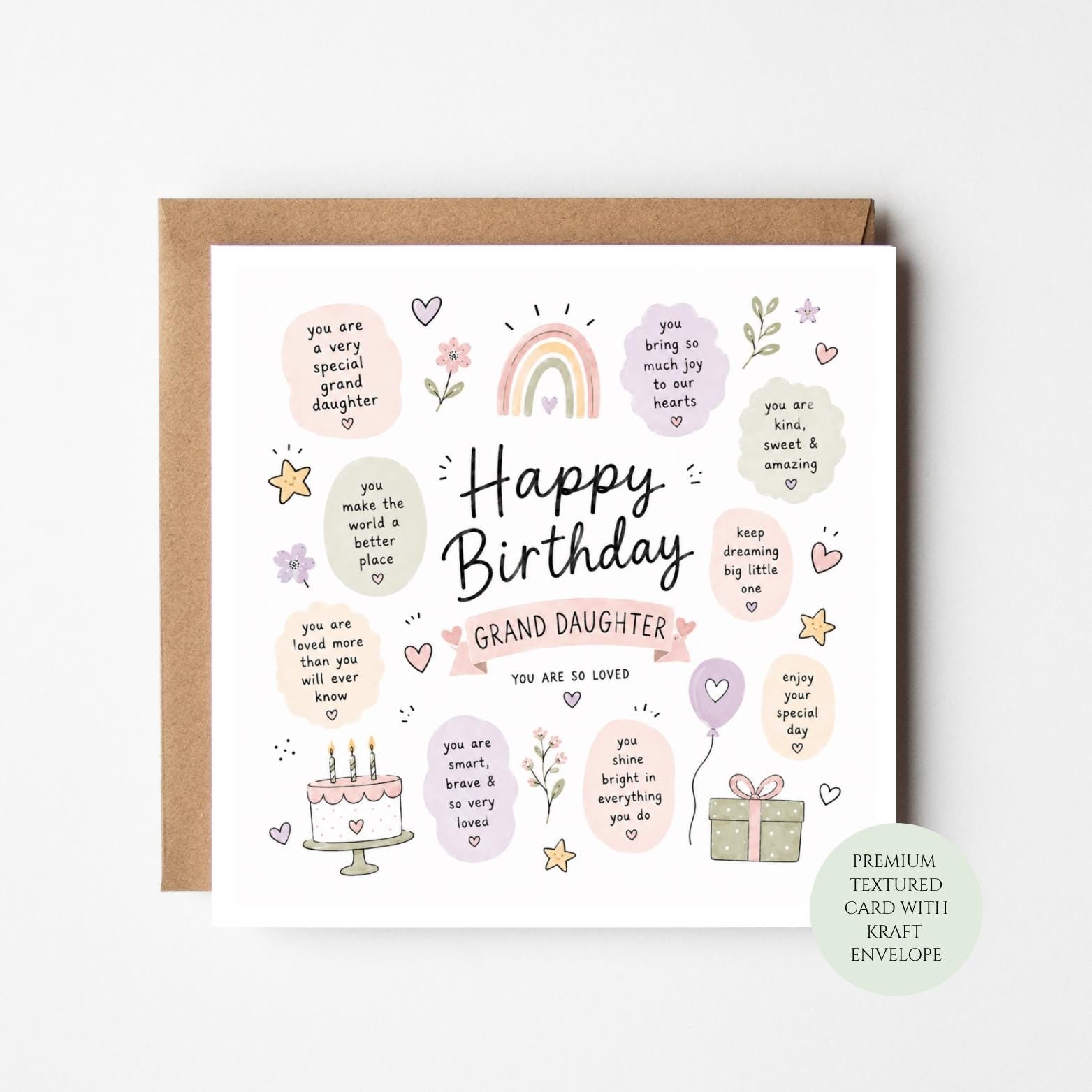 Happy Birthday Grand Daughter Card, Rainbow Affirmation Print, Loved Message