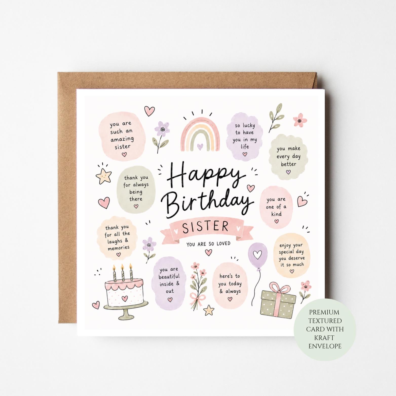 Happy Birthday Sister Card, Rainbow Cake Illustration, You Are So Loved Message