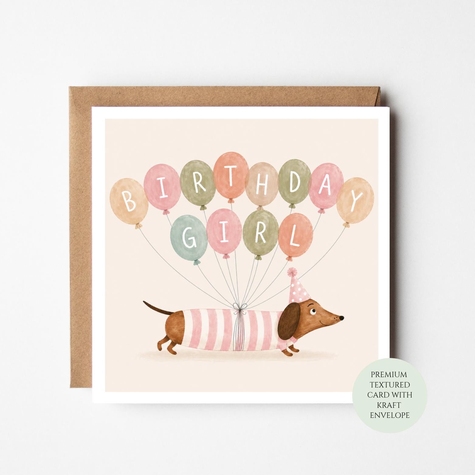 Dachshund Birthday Girl Card, Whimsical Sausage Dog Balloons, Textured Print