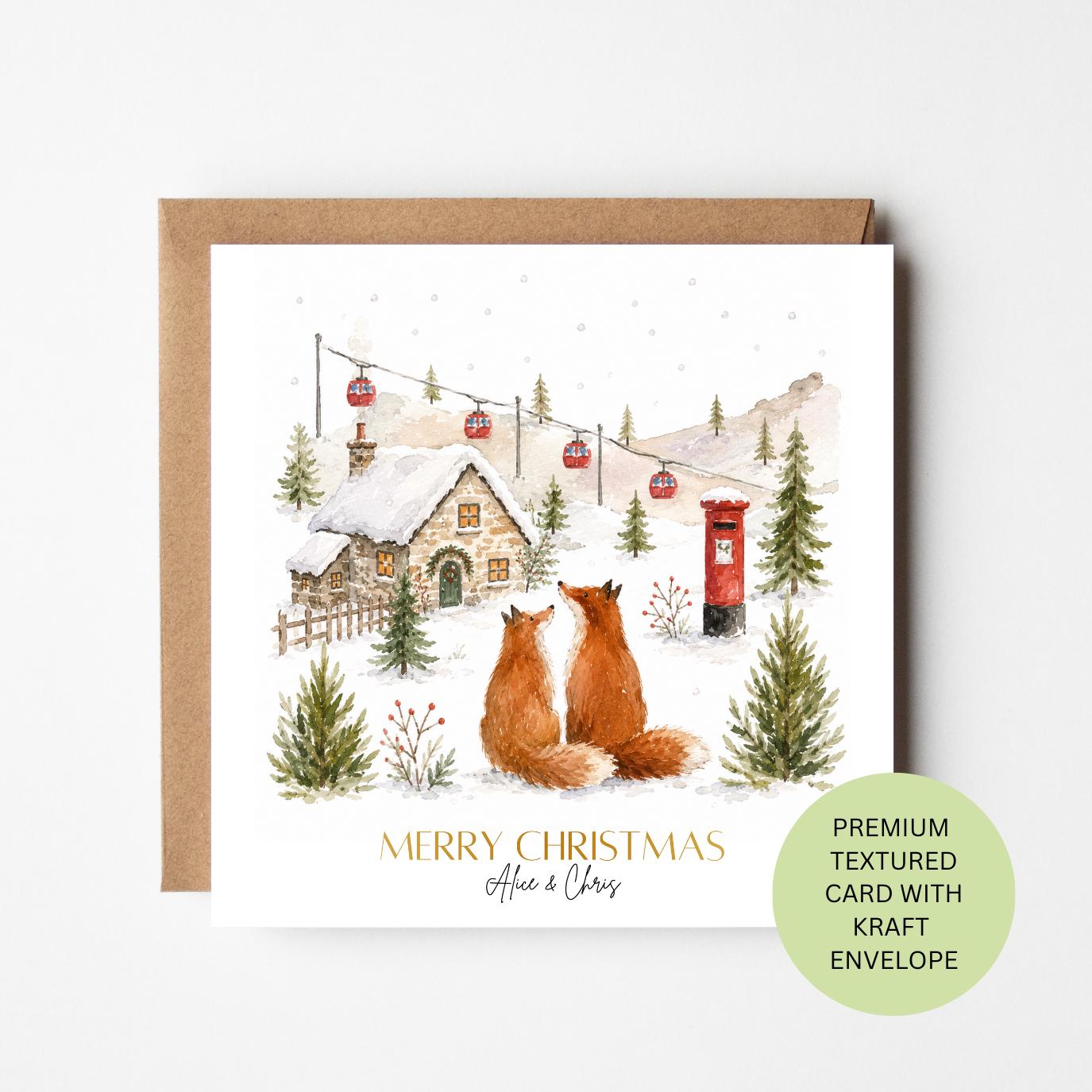 Personalised Fox Couple Christmas Card, Watercolour Ski Chalet Winter Scene, Textured Card
