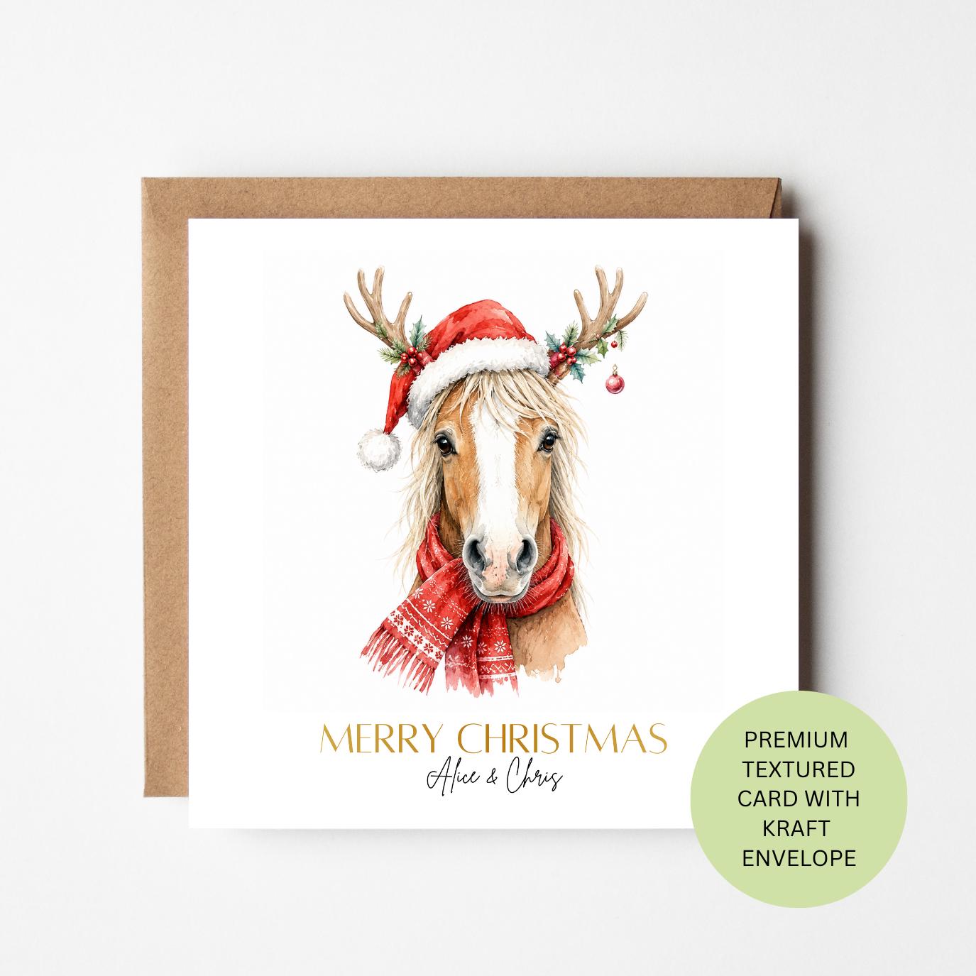 Personalised Horse Christmas Card, Santa Hat Equestrian Watercolour Card