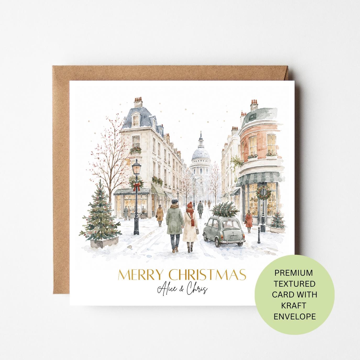 Personalised Paris Christmas Card, Watercolour Snowy City Street Scene, Romantic Couple Travel Lover Card