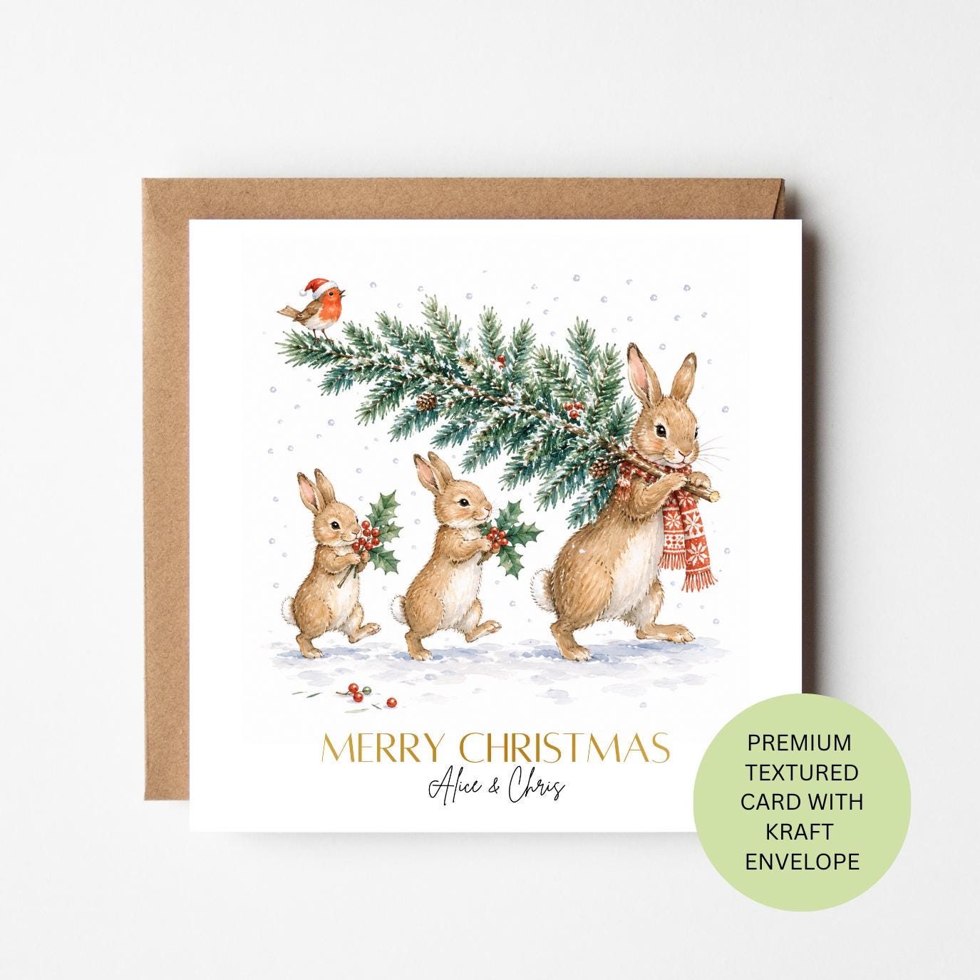 Personalised Watercolour Bunnies Christmas Card, Woodland Tree Design, Textured Kraft Envelope