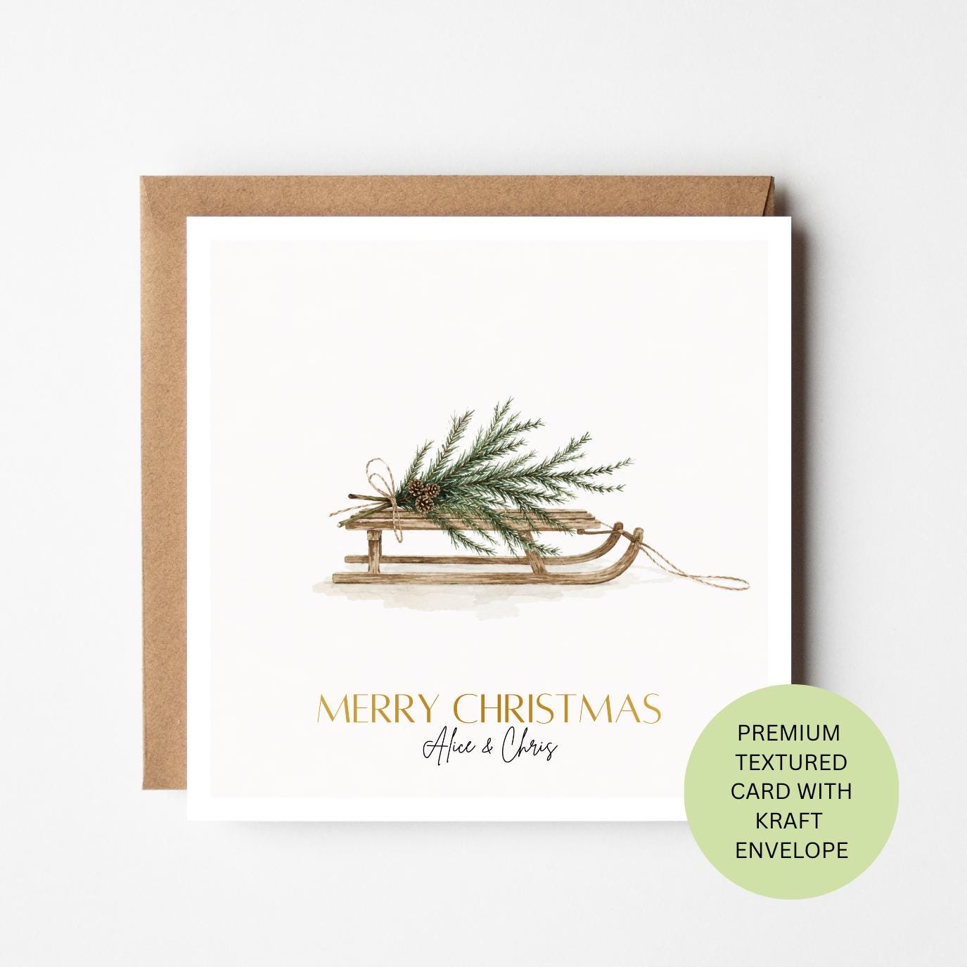 Wooden Sledge Personalised Christmas Card, Minimal Watercolour Winter Greenery, Textured Card, Scandinavian Festive Design