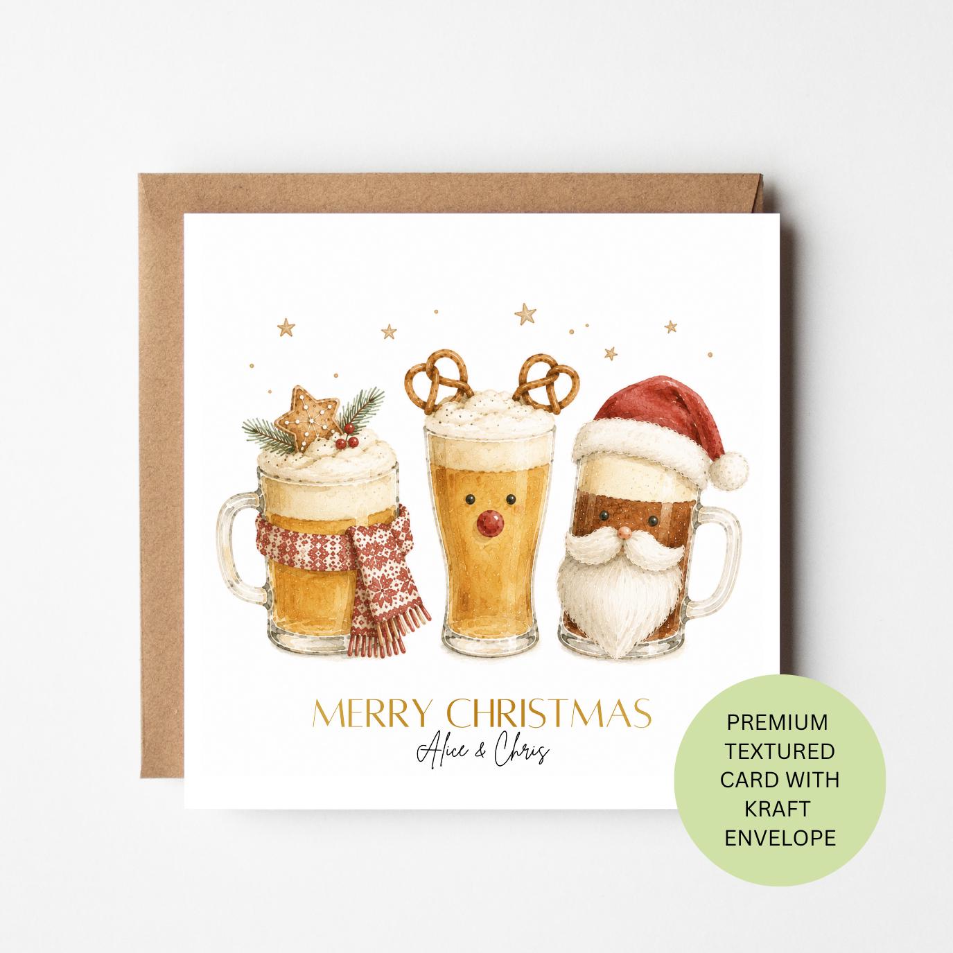Personalised Christmas Greeting, Watercolour Beer Pints, Textured Card, Beer Lover Gift