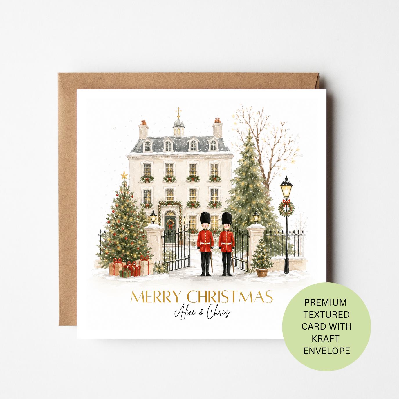Personalised Watercolour London Townhouse Christmas Card, Festive Guards, Textured British Keepsake
