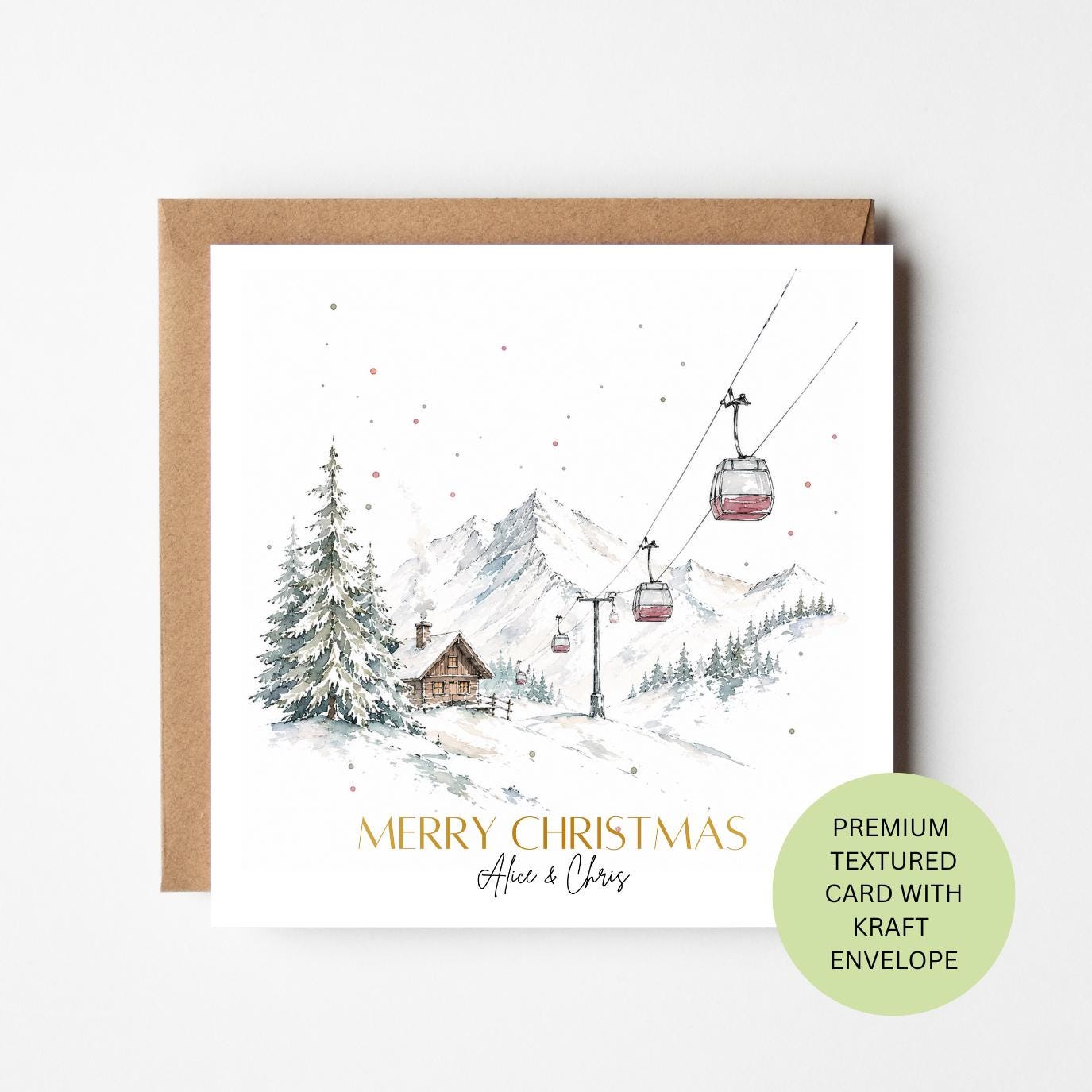 Personalised Cable Car Christmas Card, Snowy Mountain Watercolour Card