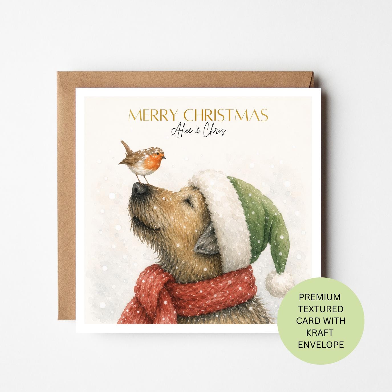 Personalised Terrier Christmas Card, Dog and Robin Watercolour Card