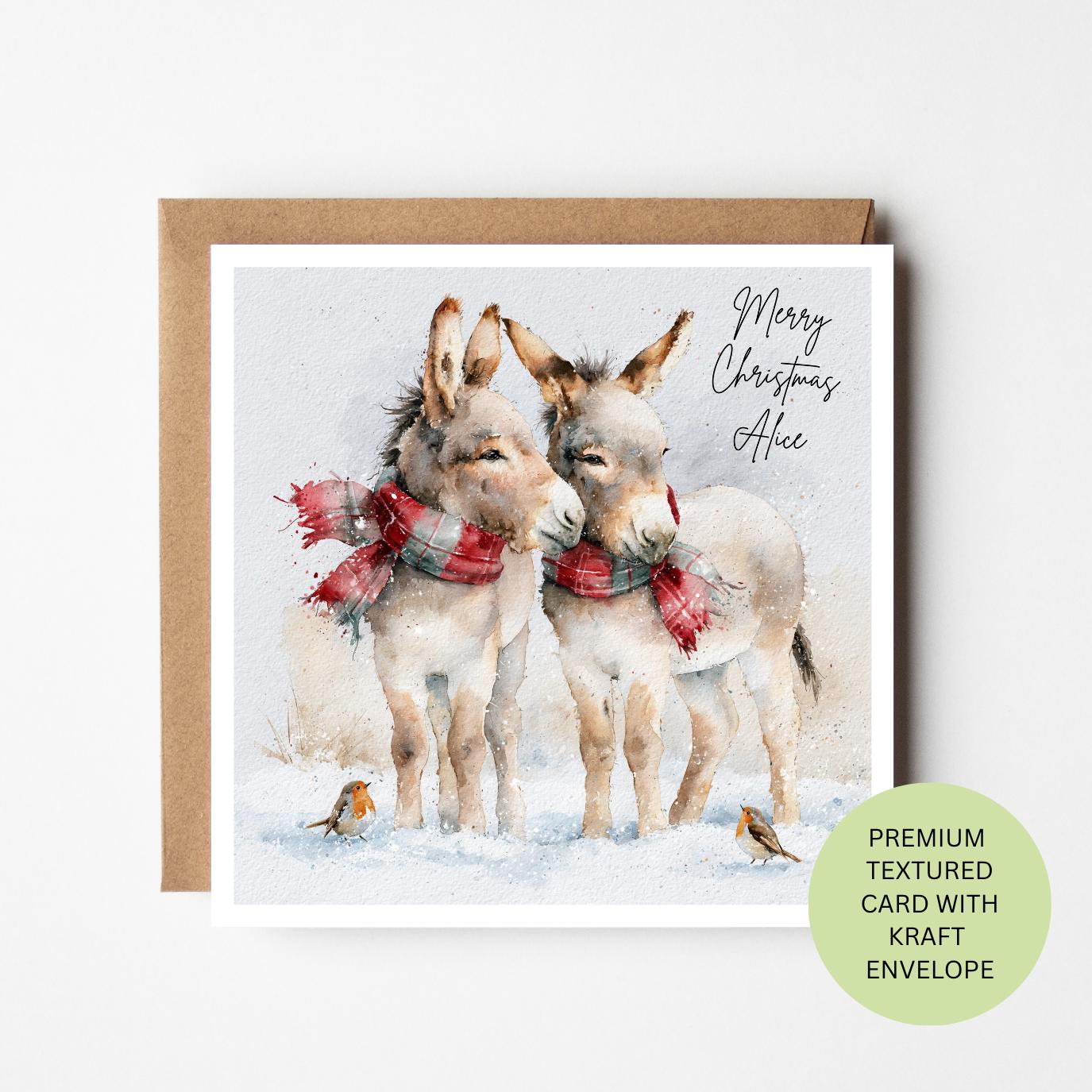 Personalised Donkey Christmas Card, Two Donkeys and Robins Watercolour Card