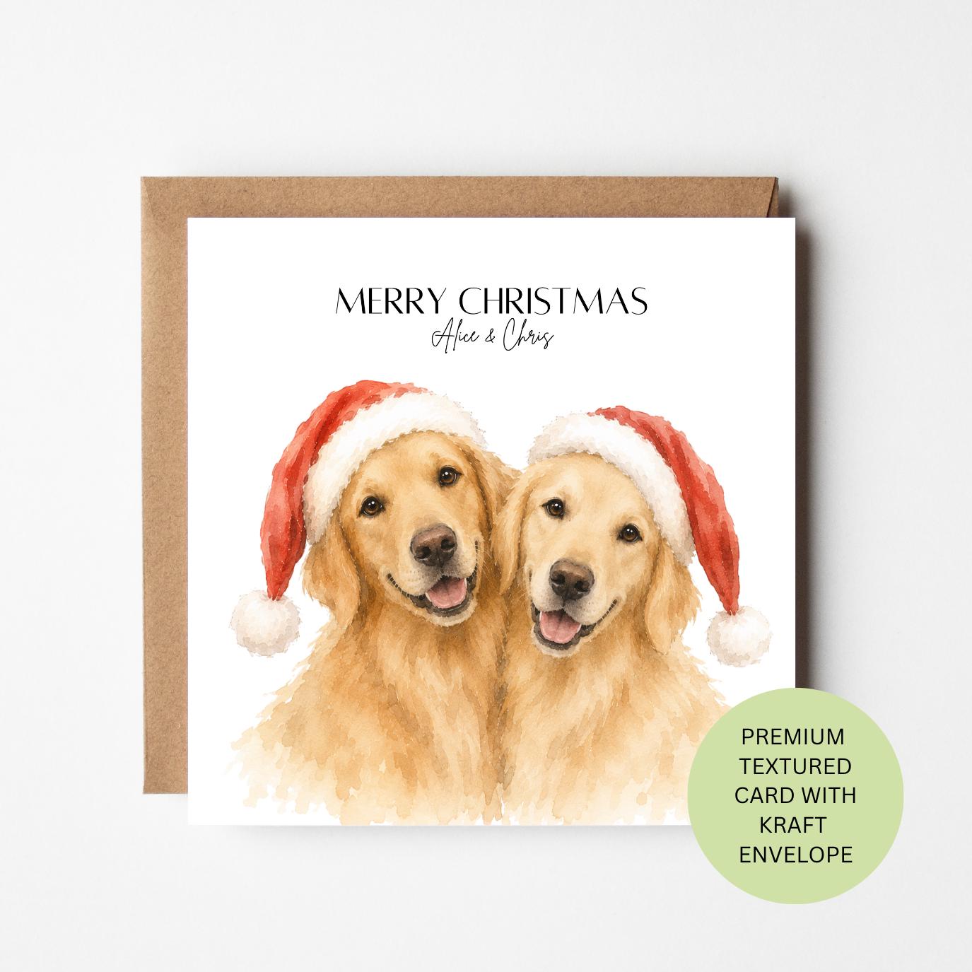 Personalised Golden Retriever Christmas Card, Two Dogs Santa Hats Card