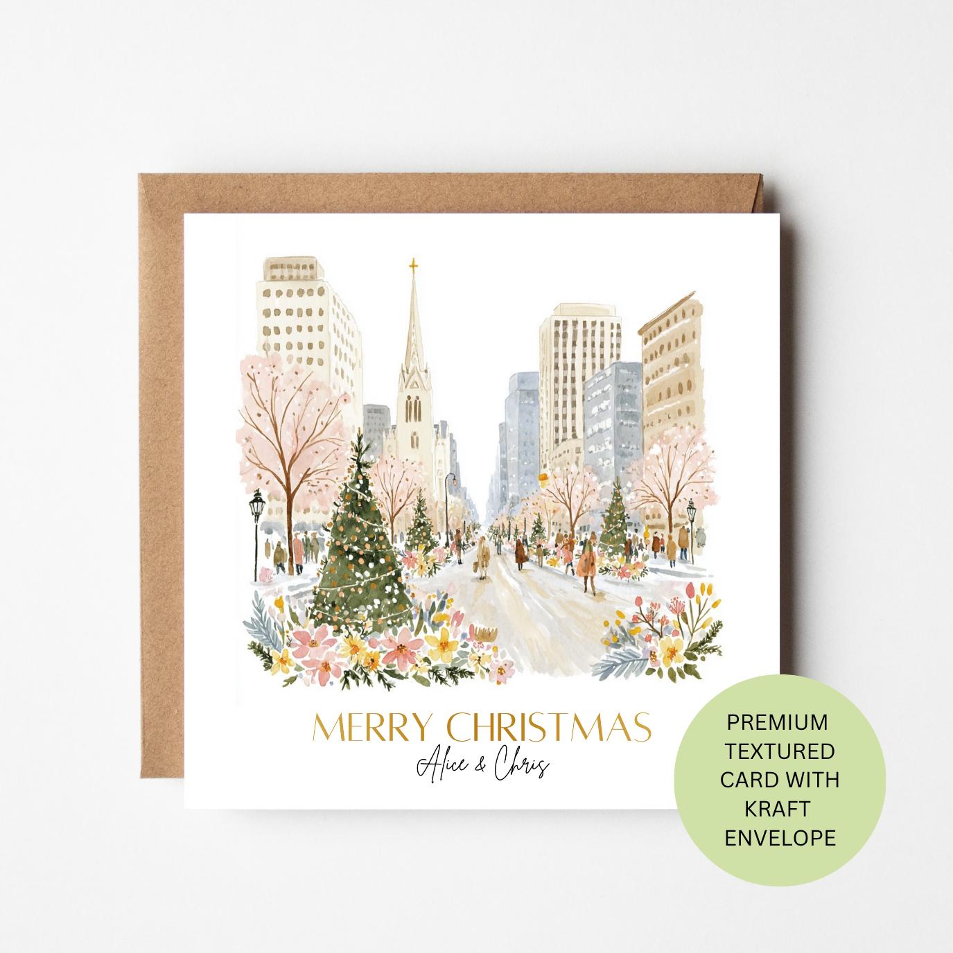Personalised City Christmas Card, Elegant Winter Avenue Watercolour Card