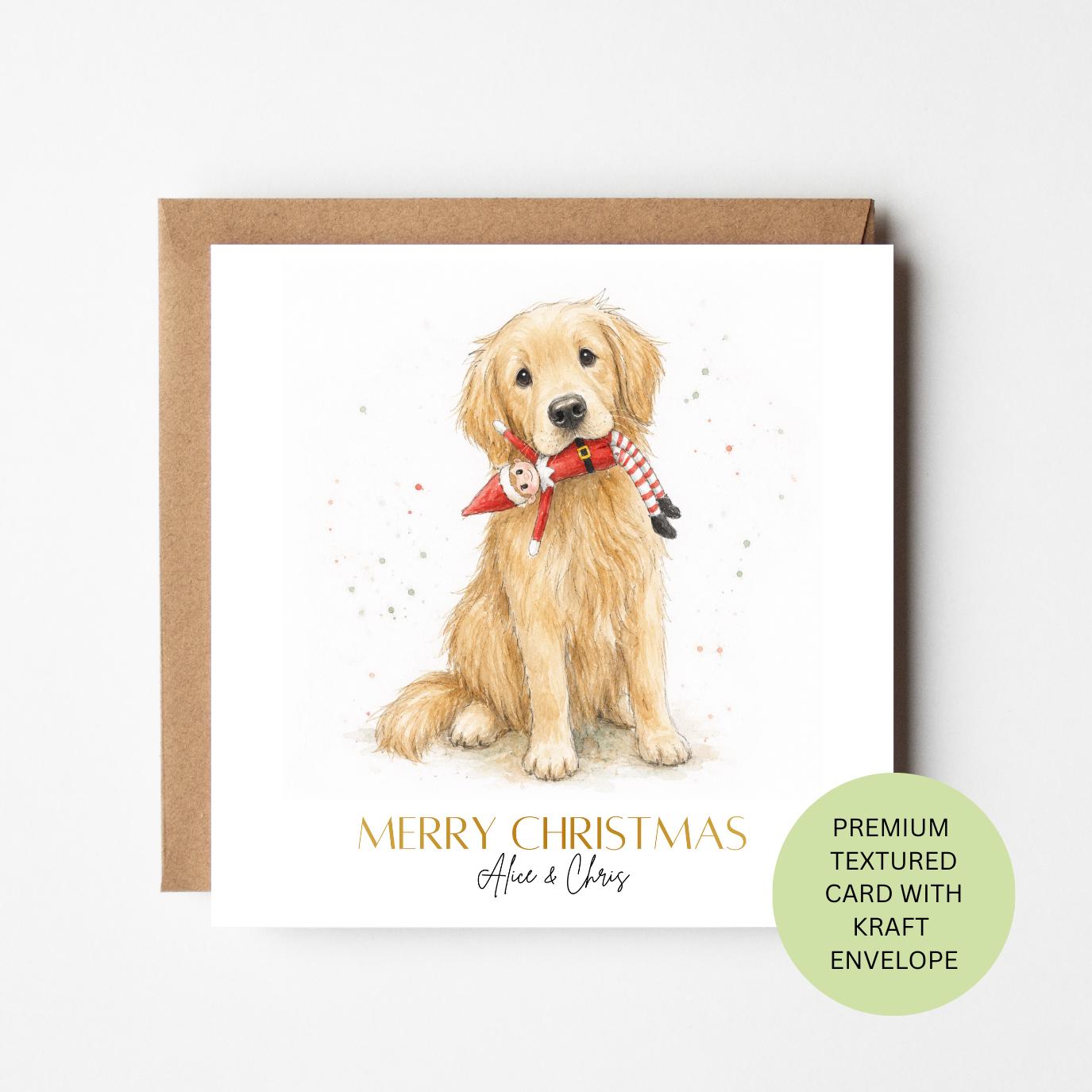Personalised Golden Retriever Christmas Card, Watercolour Puppy Elf Toy, Textured Card, Dog Lover Gift
