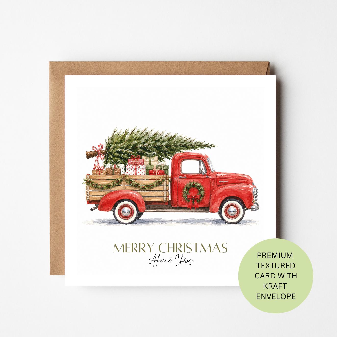 Personalised Pickup Truck Christmas Card, Red Vintage Watercolour, Elegant Textured Festive Card