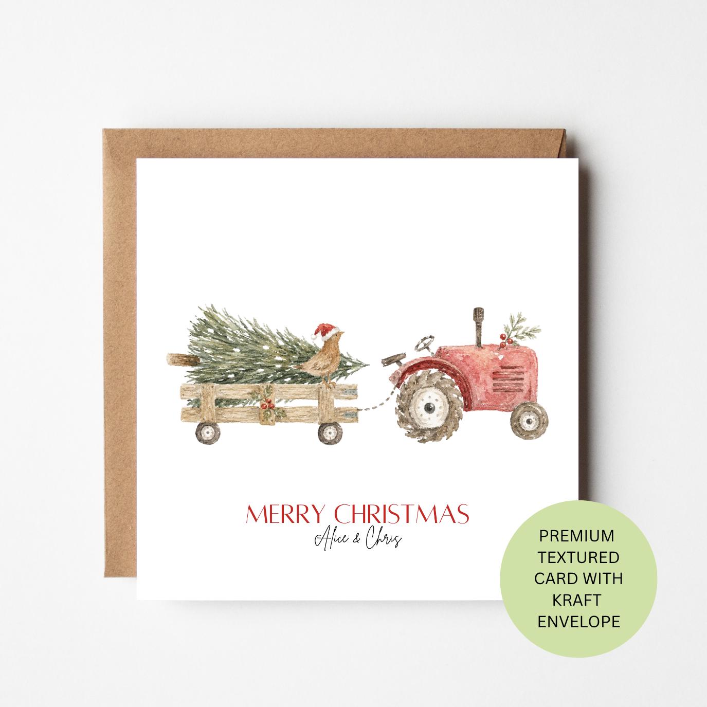 Personalised Tractor Christmas Card, Festive Farm Watercolour, Elegant Textured Country Card for Farmers