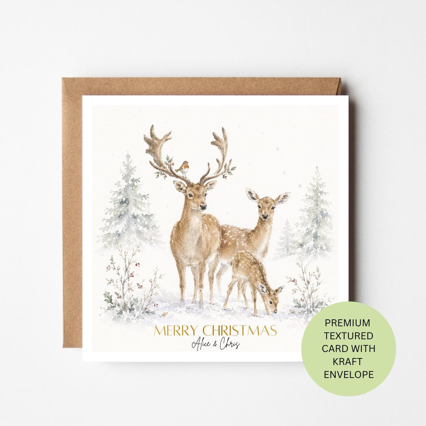 Personalised Deer Family Christmas Card, Woodland Stag Watercolour Greeting Card
