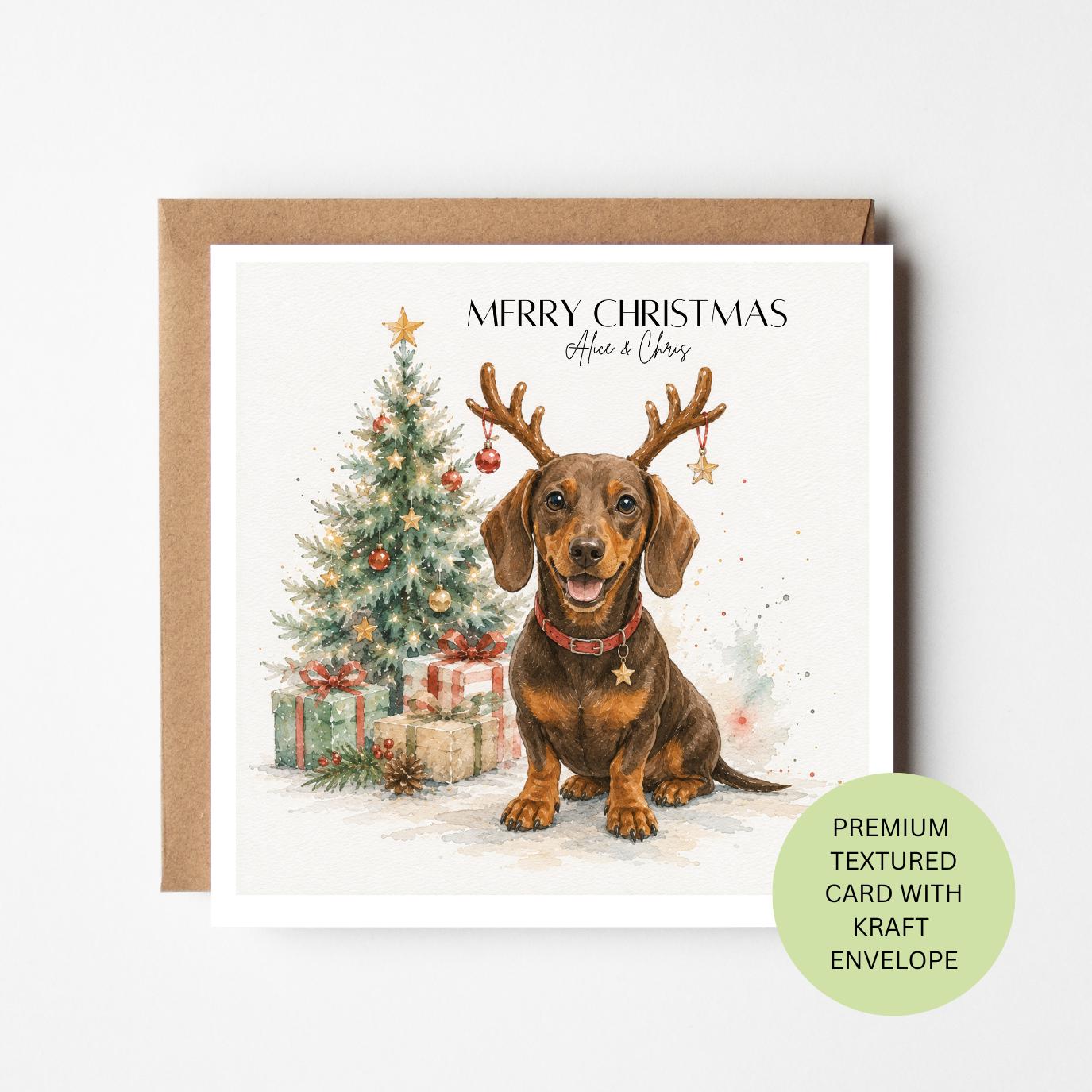 Personalised Dachshund Christmas Card, Sausage Dog Reindeer Watercolour Card