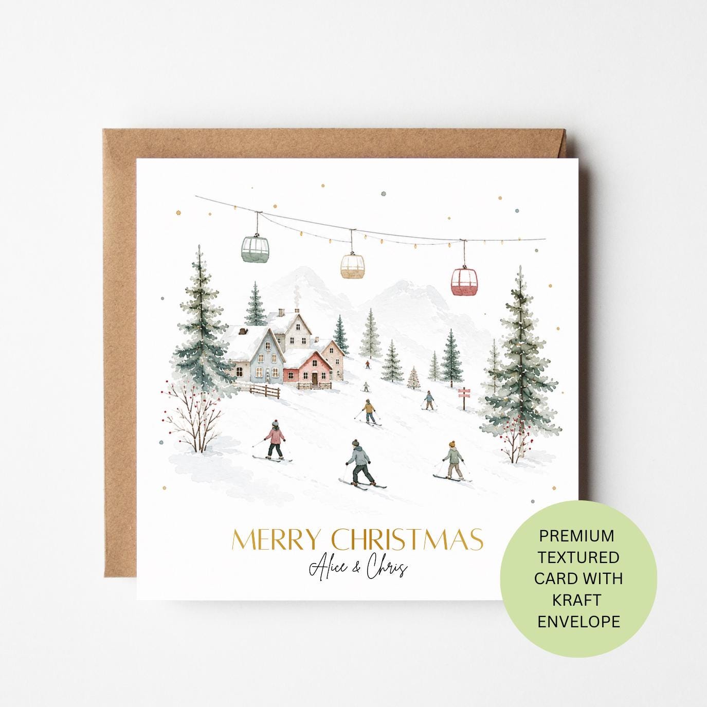 Personalised Ski Christmas Card, Alpine Resort Watercolour Greeting Card