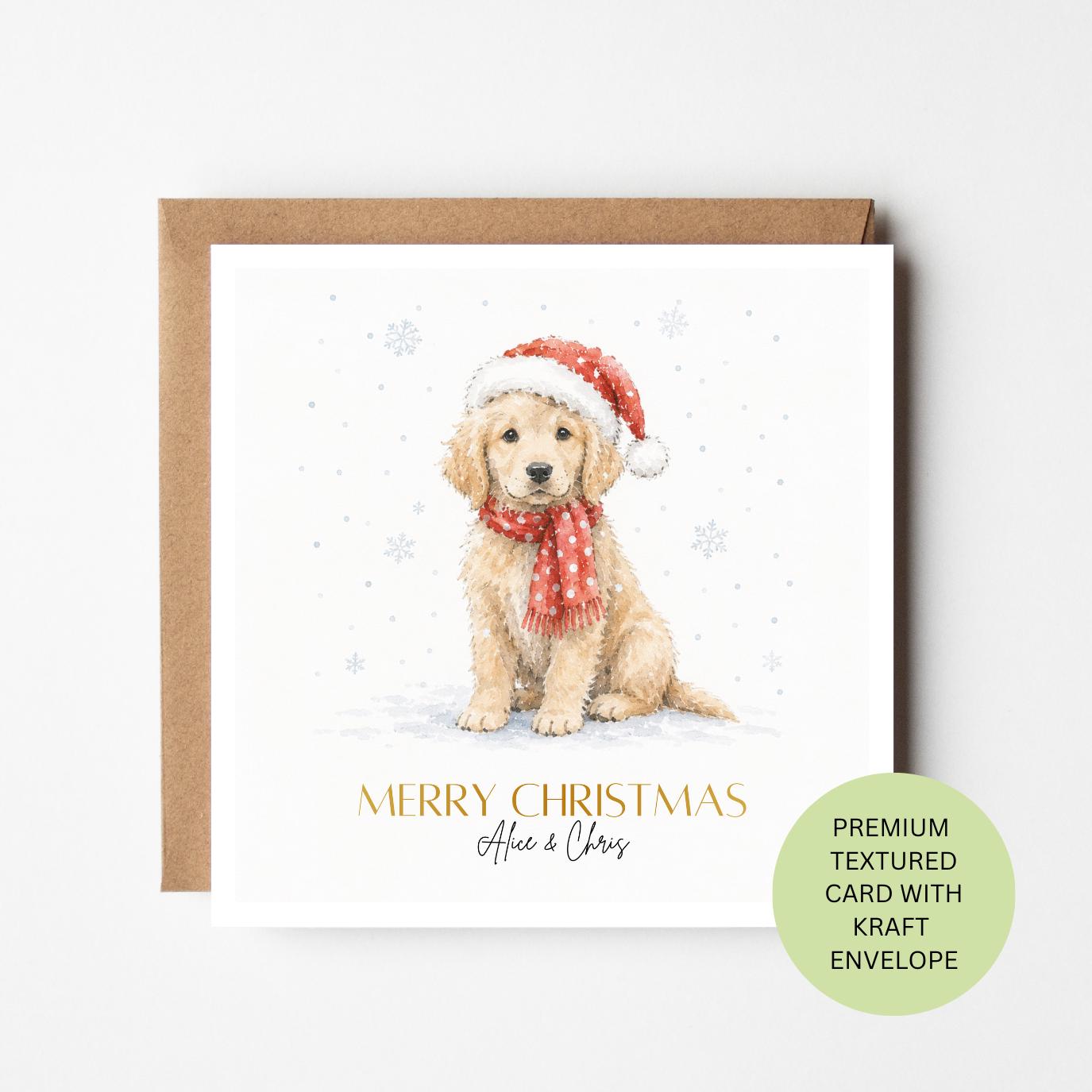 Personalised Golden Retriever Puppy Christmas Card, Watercolour Dog Festive Greeting (Kraft Envelope)