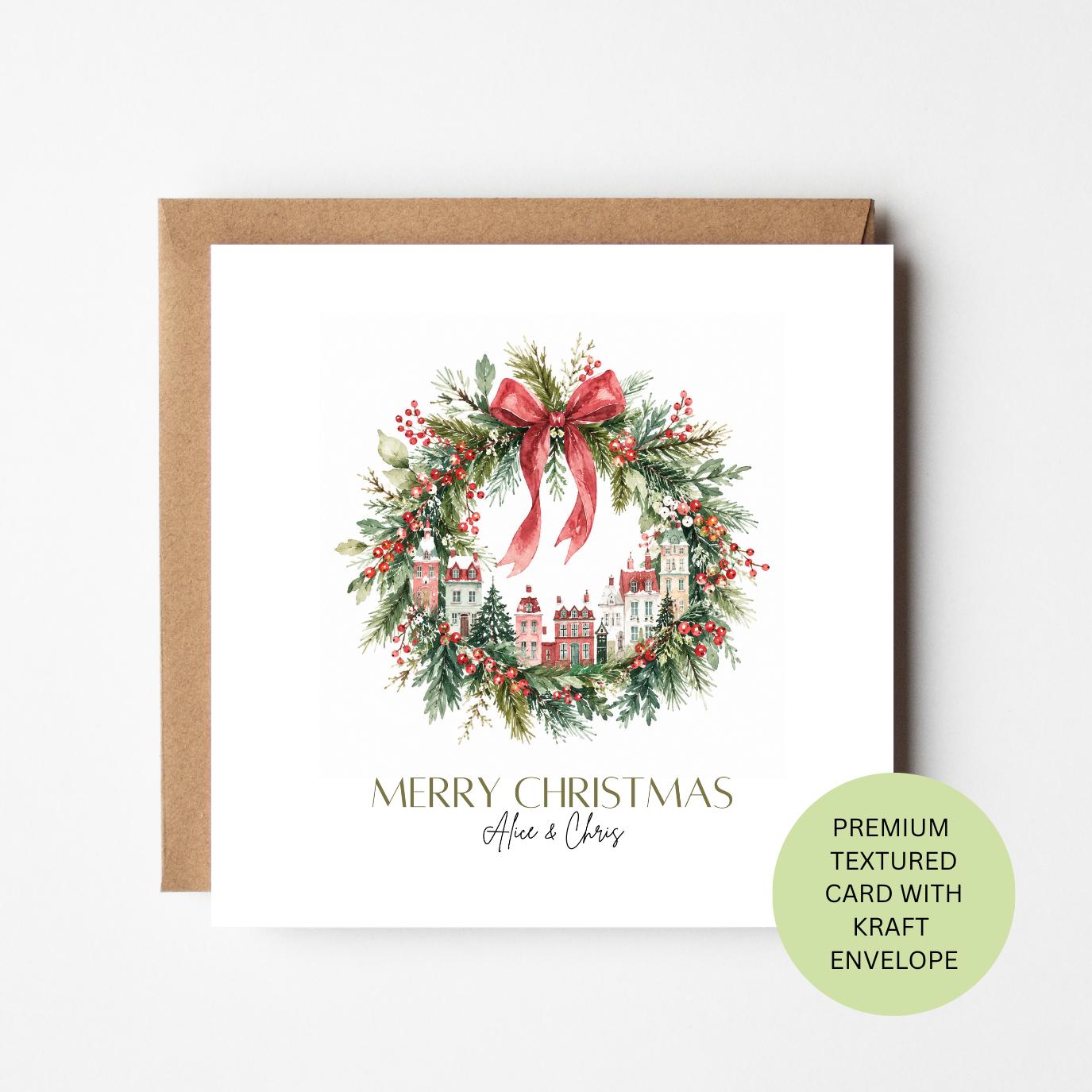 Personalised Christmas Wreath Card, Watercolour Townhouse Festive Greeting, Textured Card, Kraft Envelope