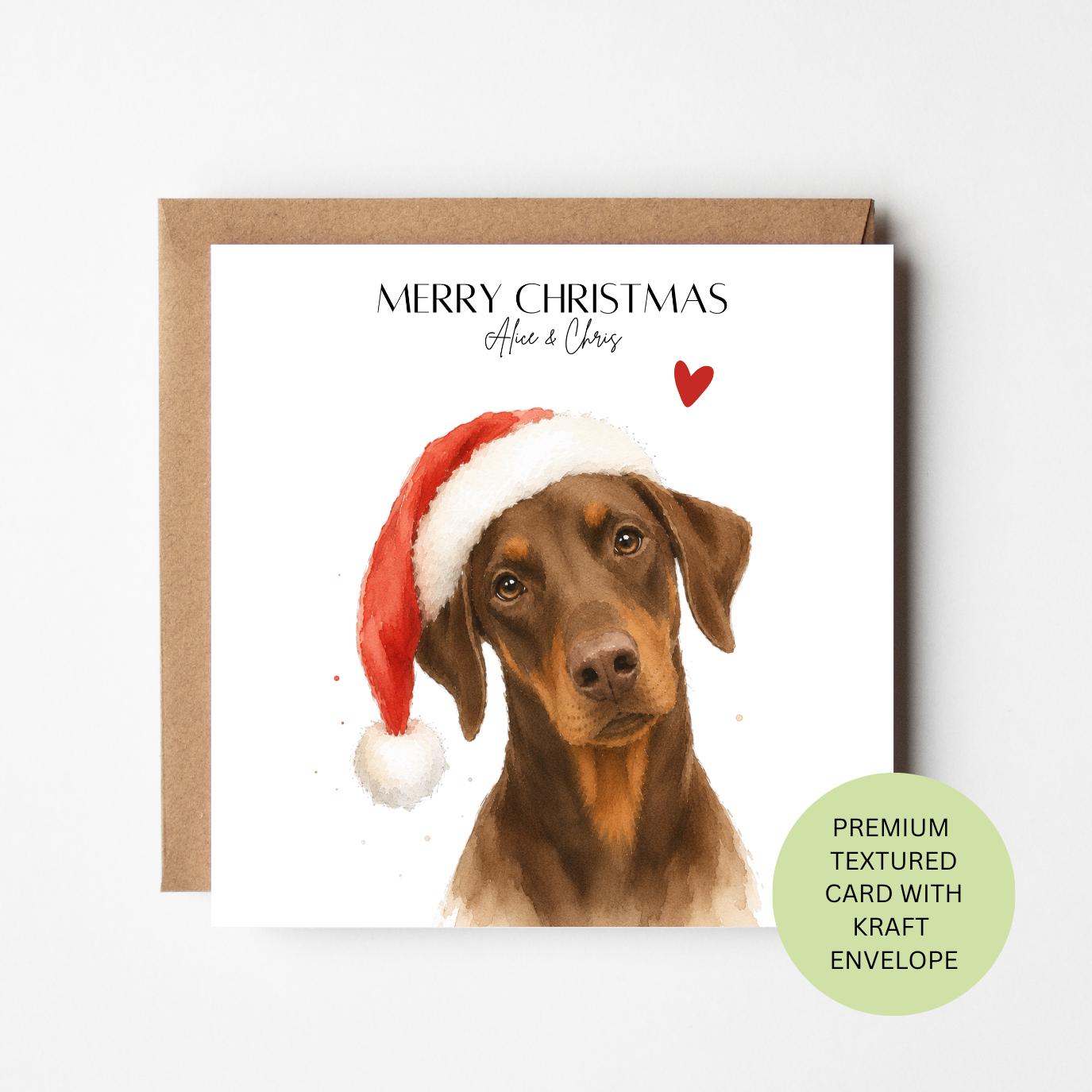 Personalised Doberman Christmas Card, Watercolour Portrait, Textured Festive, Dog Lover Gift