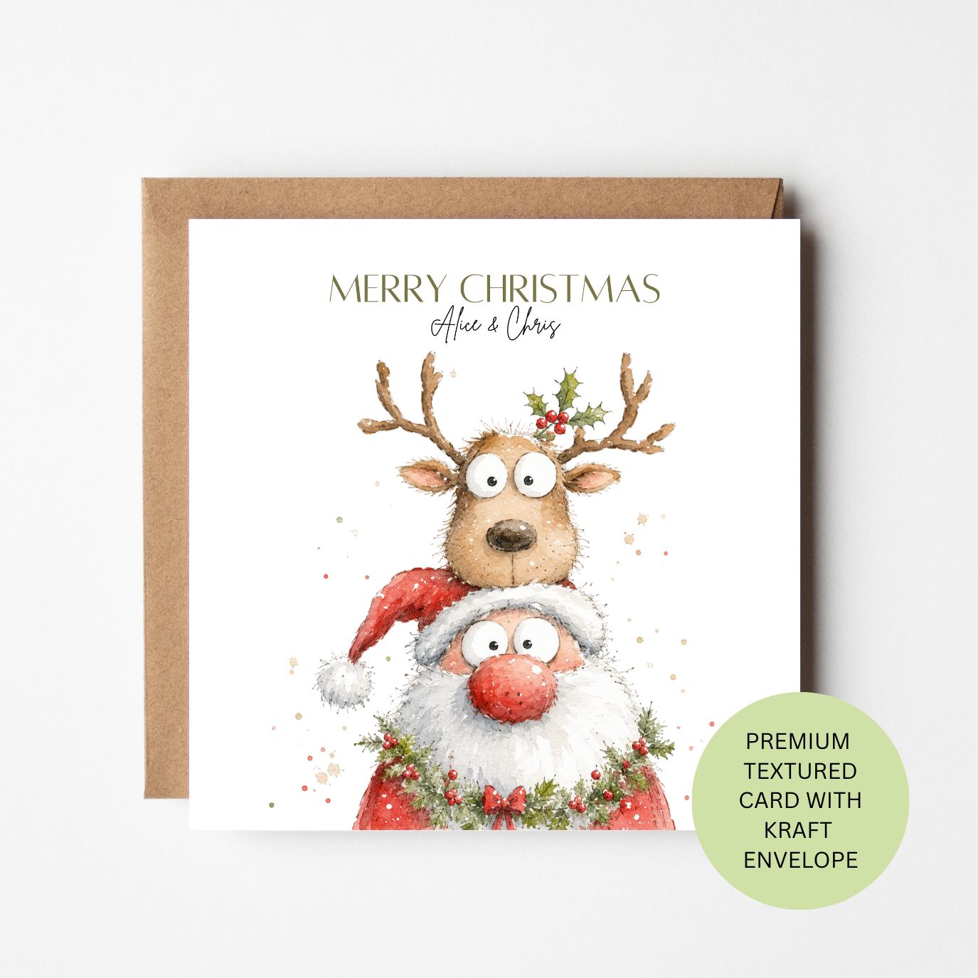 Personalised Funny Santa Reindeer Christmas Card, Whimsical Watercolour, Textured Card