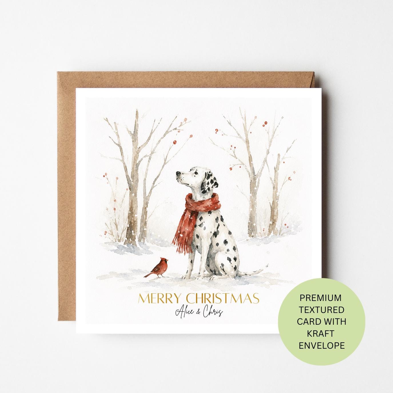 Personalised Dalmatian Christmas Card, Robin and Snow Watercolour, Elegant Textured Dog Lover Card
