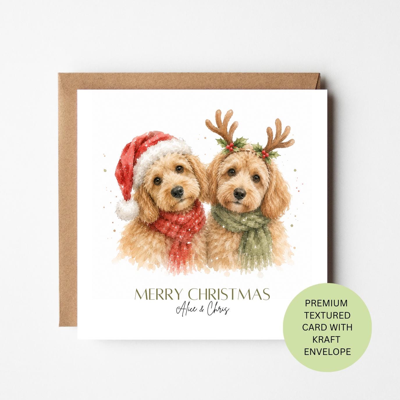 Personalised Cockapoo Christmas Card, Two Festive Dogs Watercolour Greeting Card
