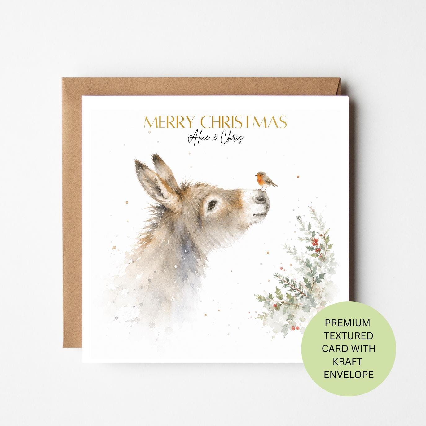 Personalised Donkey Robin Watercolour Christmas Card, Festive Holly Greeting (150x150mm)