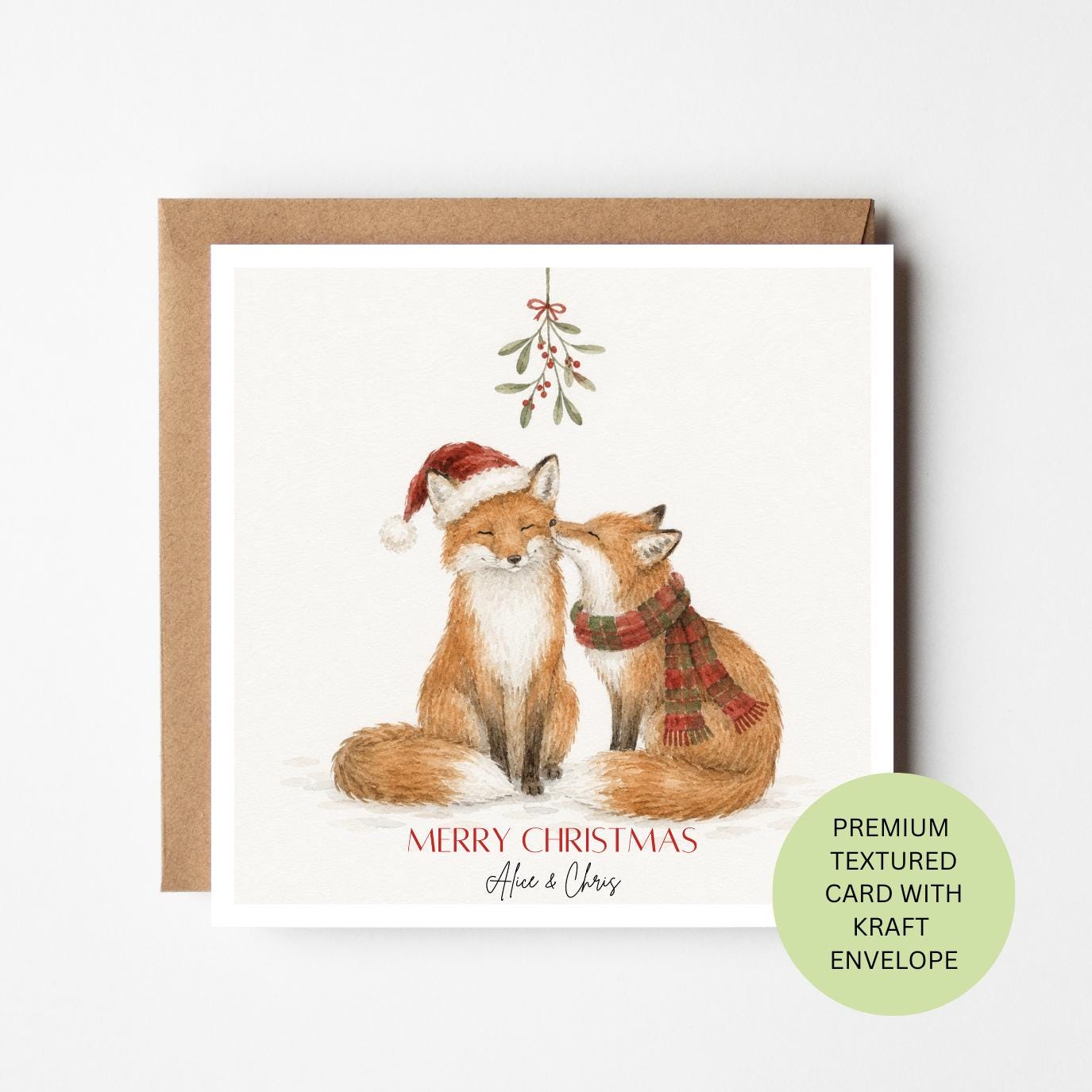 Personalised Fox Couple Christmas Card, Mistletoe Watercolour, Elegant Textured Woodland Card for Couples