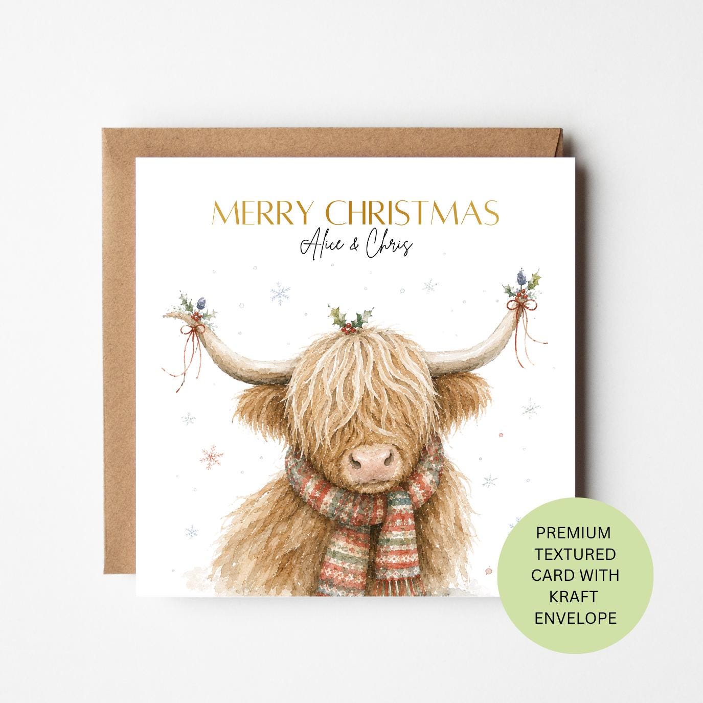 Personalised Highland Cow Christmas Card, Watercolour Coo, Textured Country Greeting