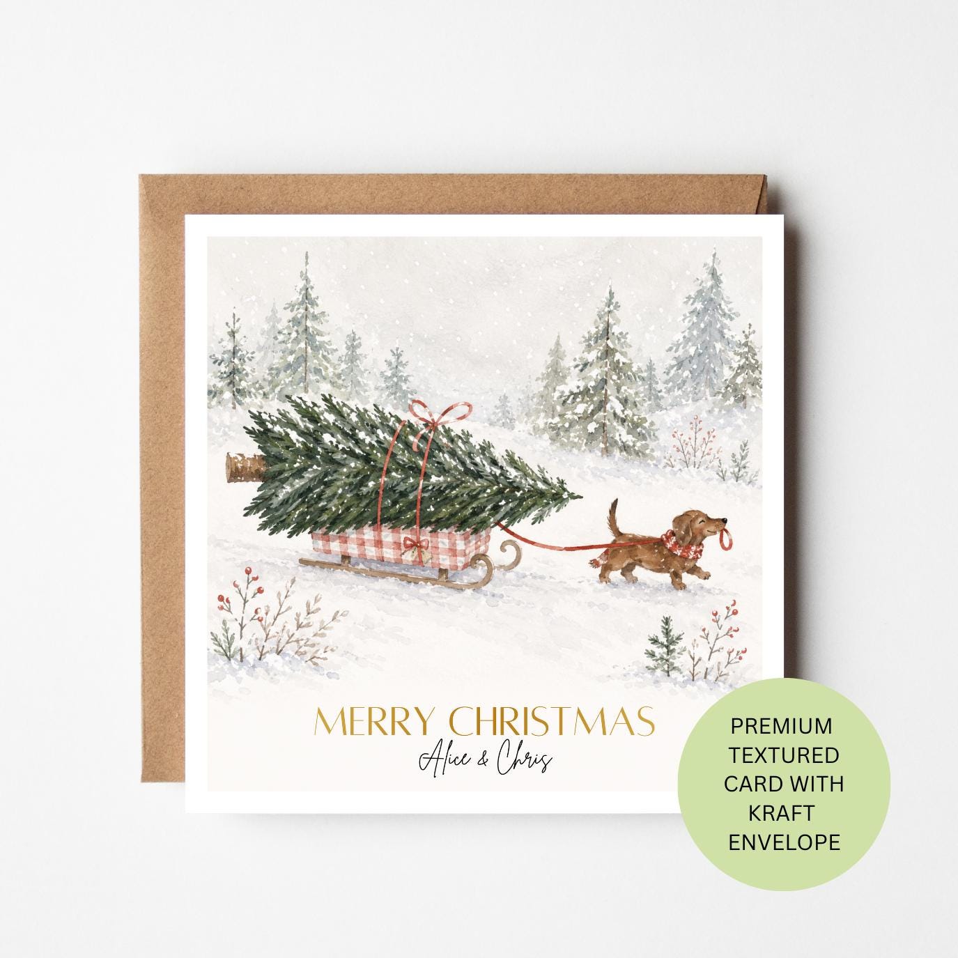 Dachshund Christmas Card, Watercolour Textured Personalised Xmas Greeting, Dog Lover Card