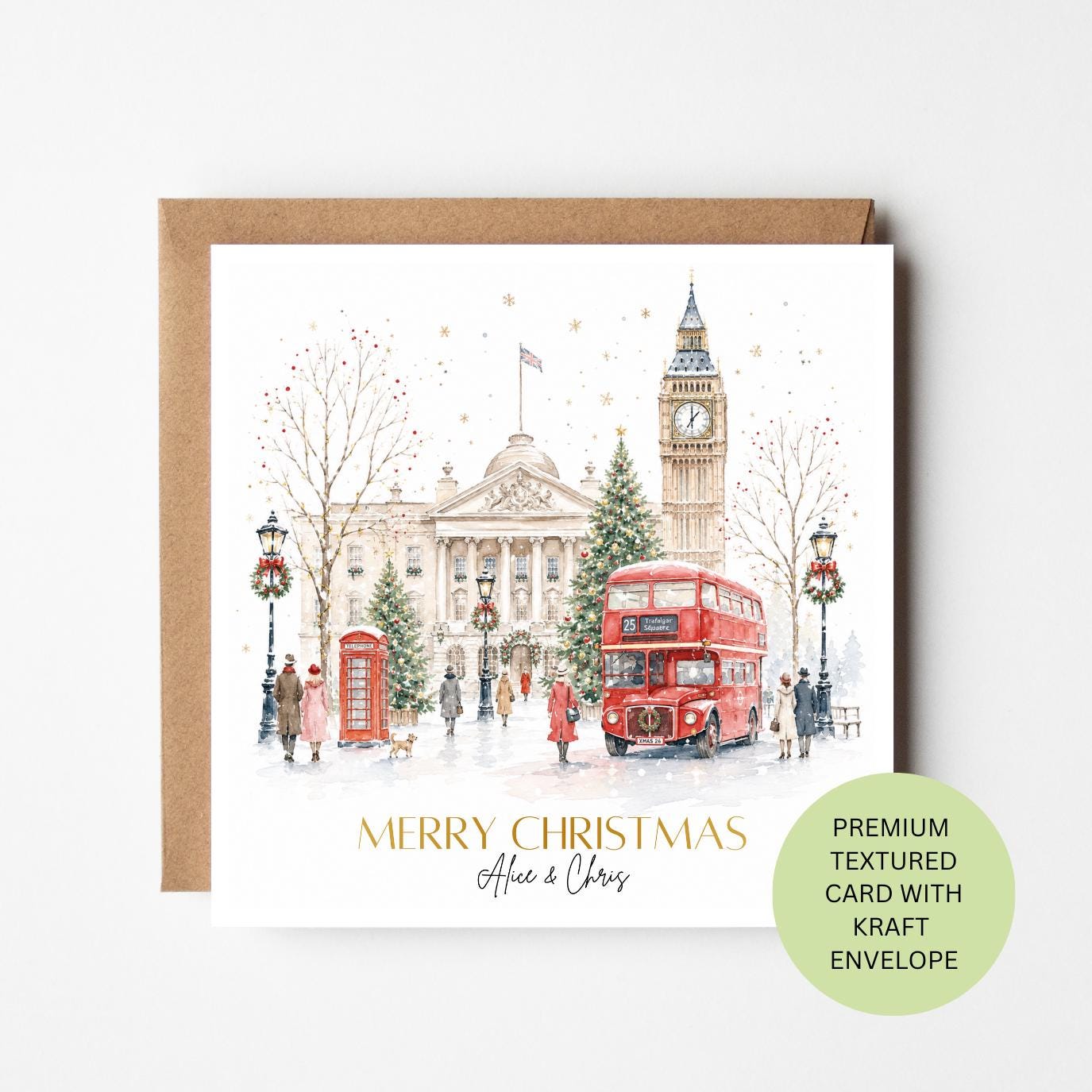 Personalised London Christmas Card, Watercolour Street Scene, Family Xmas Greeting (150x150mm)