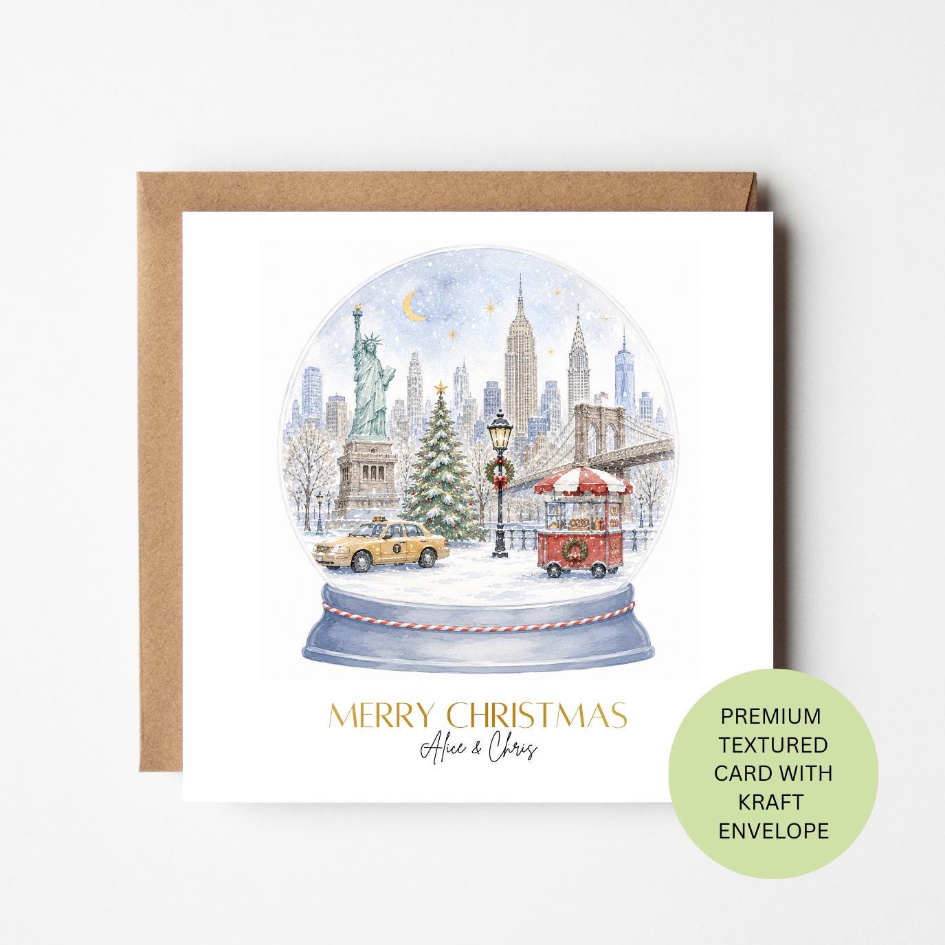 Personalised New York Snow Globe Christmas Card, Watercolour Cityscape (Textured Card)