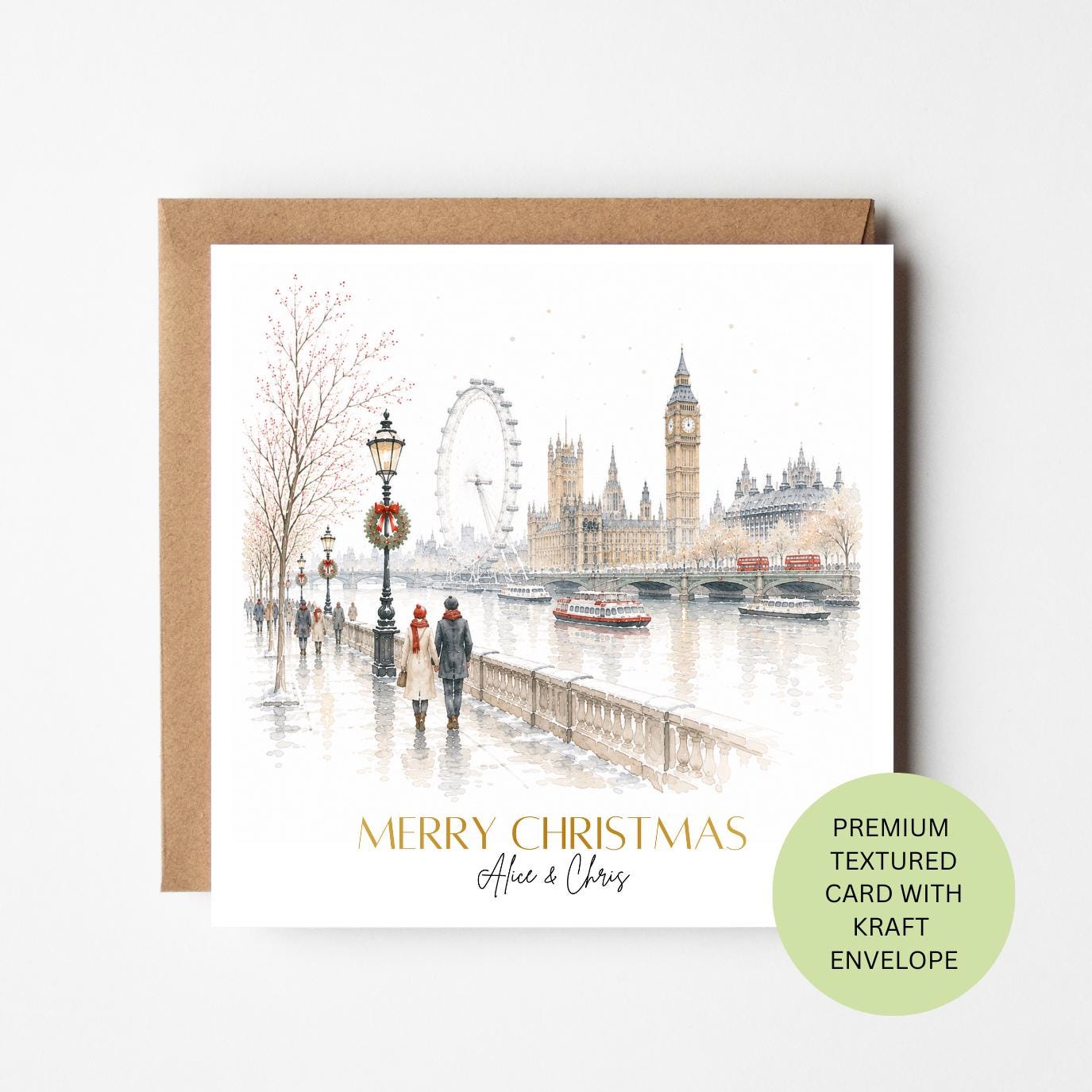 Personalised London South Bank Christmas Card, Watercolour Textured Xmas Greeting (Kraft Envelope)