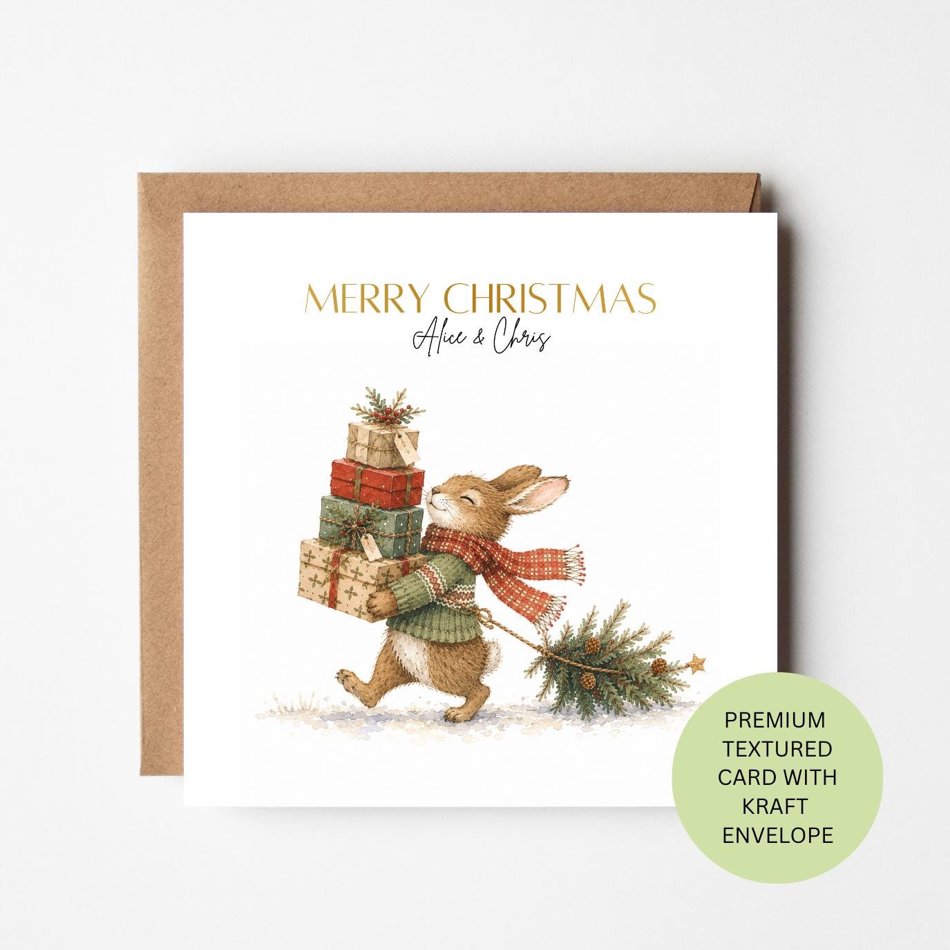 Personalised Watercolour Rabbit Christmas Card, Textured Card with Kraft Envelope