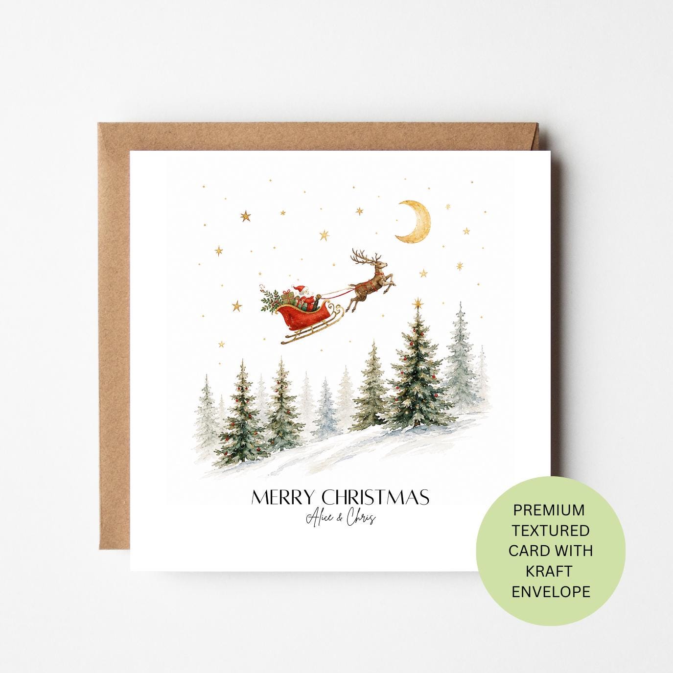 Personalised Watercolour Santa Sleigh Christmas Card, Textured Kraft Envelope