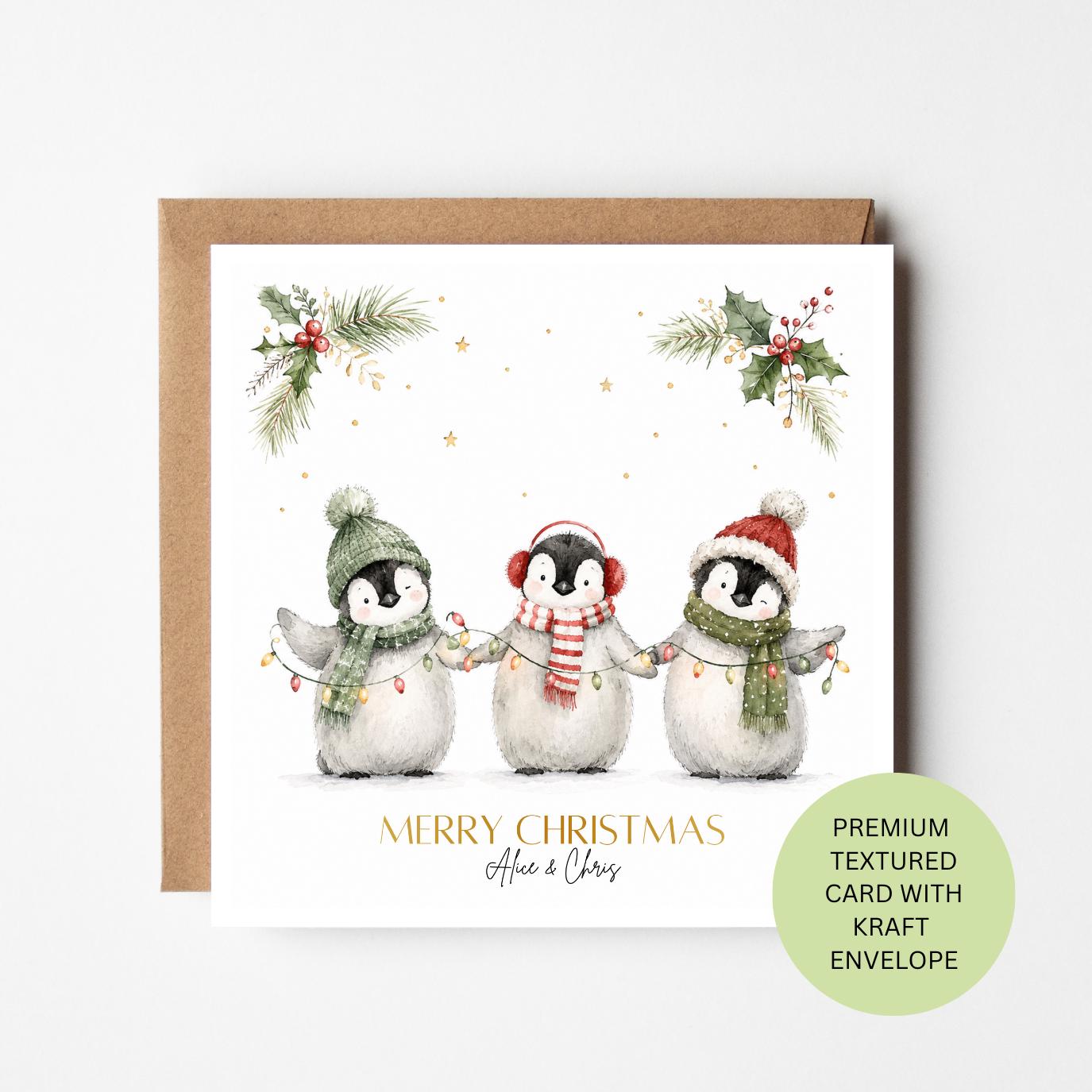 Personalised Penguin Christmas Card, Watercolour Winter Animal Greeting, Kraft Envelope